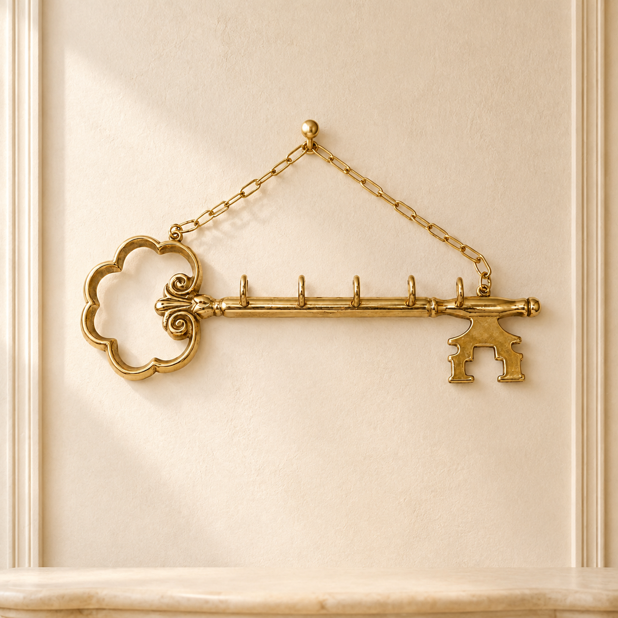 Goldfarbener Wand-Schlüsselhalter in Schlüsselform – 5 Haken im Barock-Stil