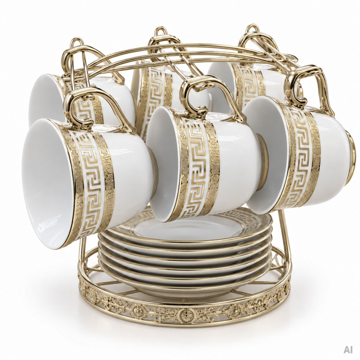 Kaffeetassen-Set Mäander mit 6 Untertassen und Ständer – Weiß/Gold