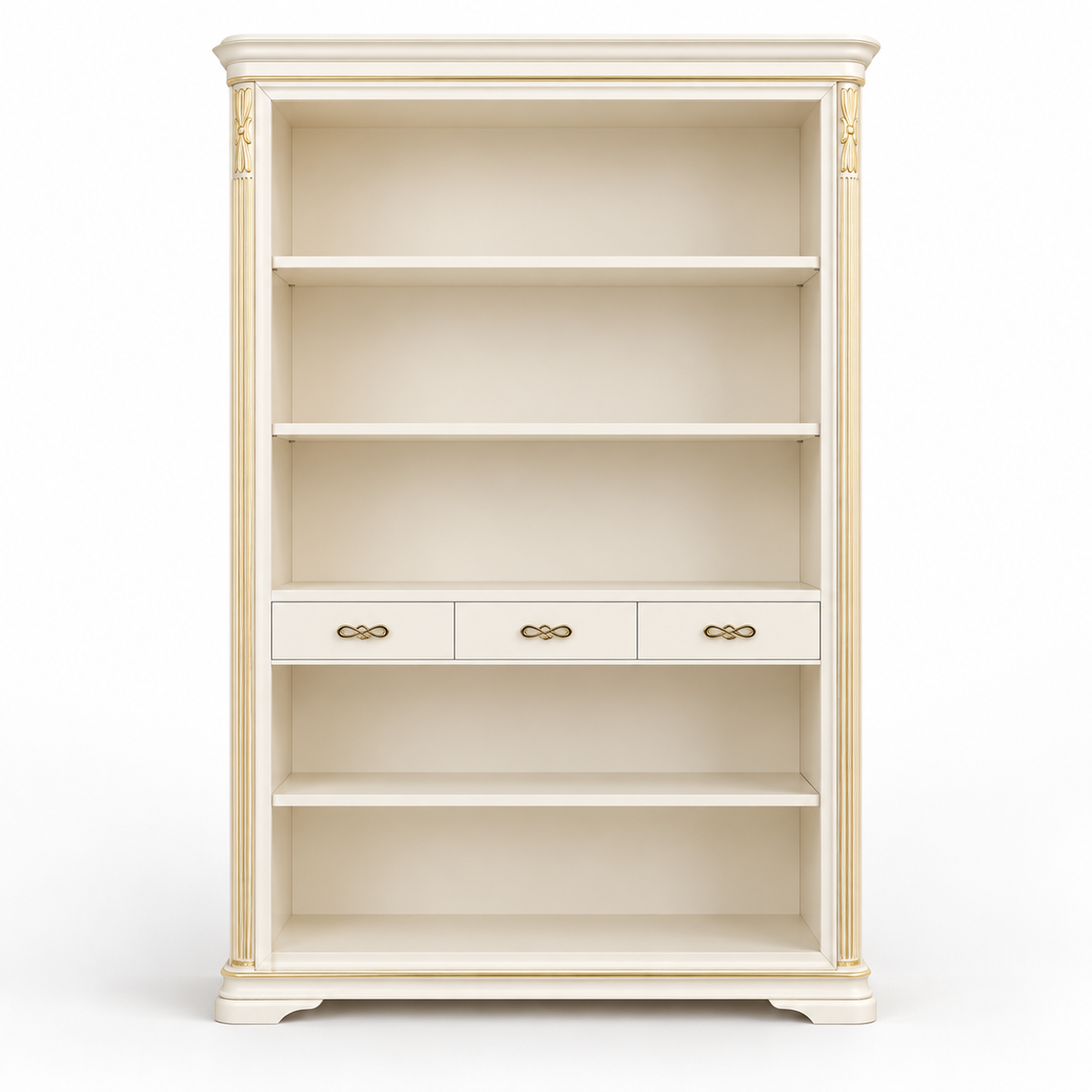 Klassisches Bücherregal aus Holz in Cremeweiß mit Goldverzierungen – 3 Schubladen