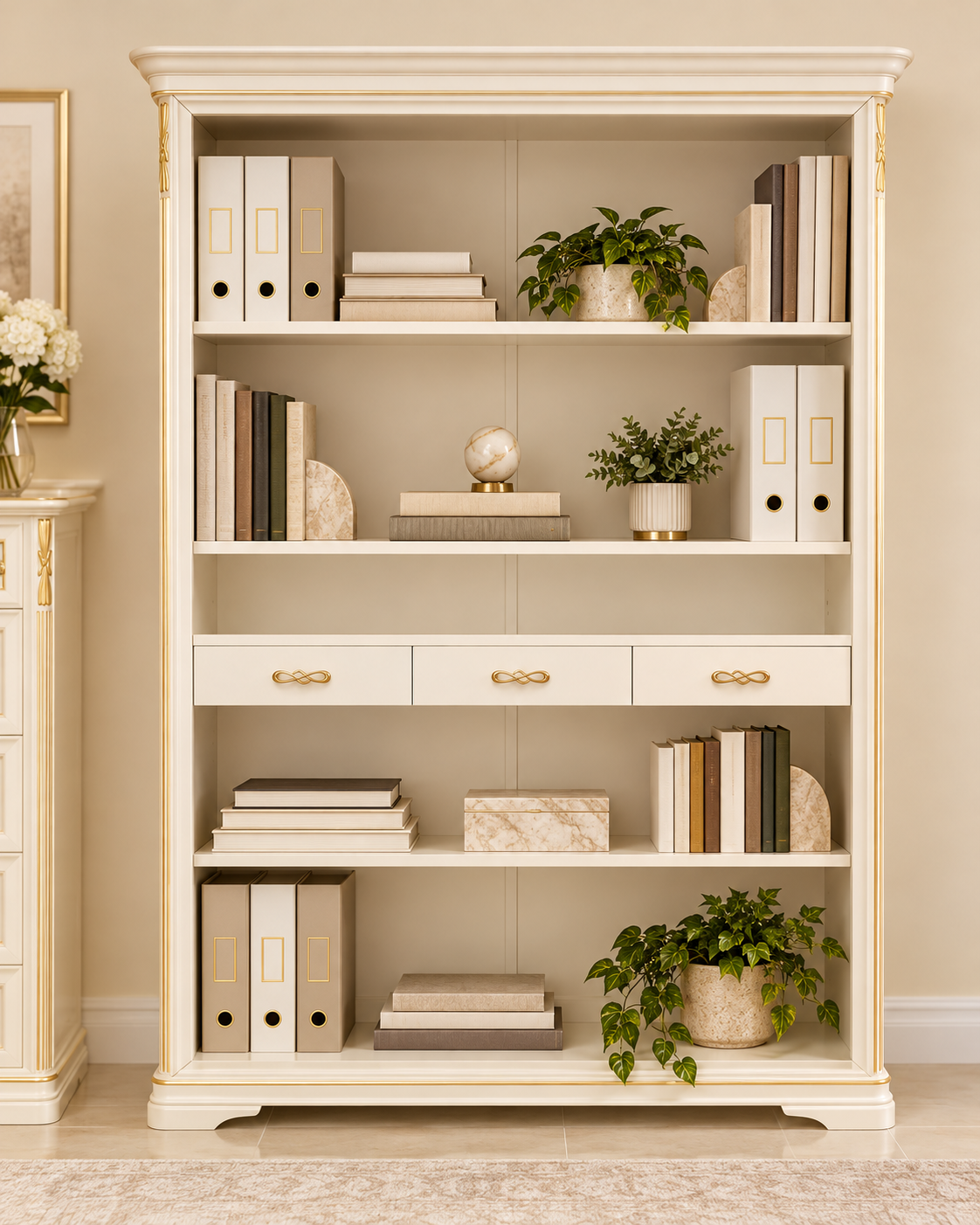 Klassisches Bücherregal aus Holz in Cremeweiß mit Goldverzierungen – 3 Schubladen
