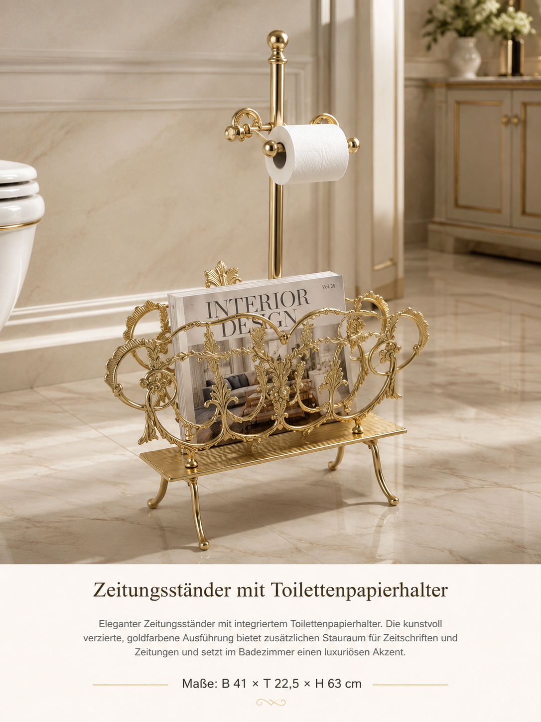 Zeitungsständer mit Toilettenpapierhalter aus Messing