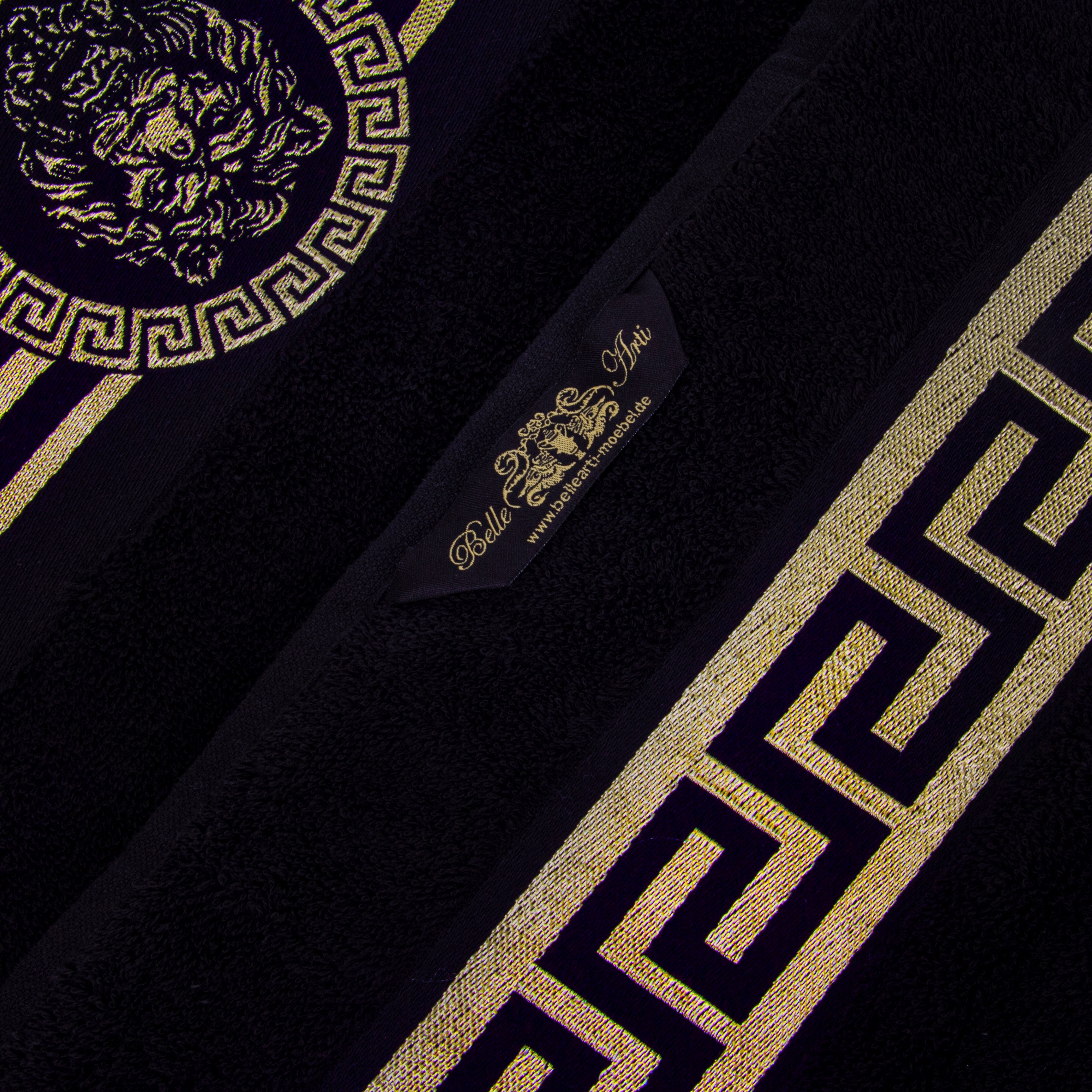 Handtücher mit Mäander Löwe Muster in Schwarz Gold eingestickt - 100% Baumwolle, saugstark, weich, edel