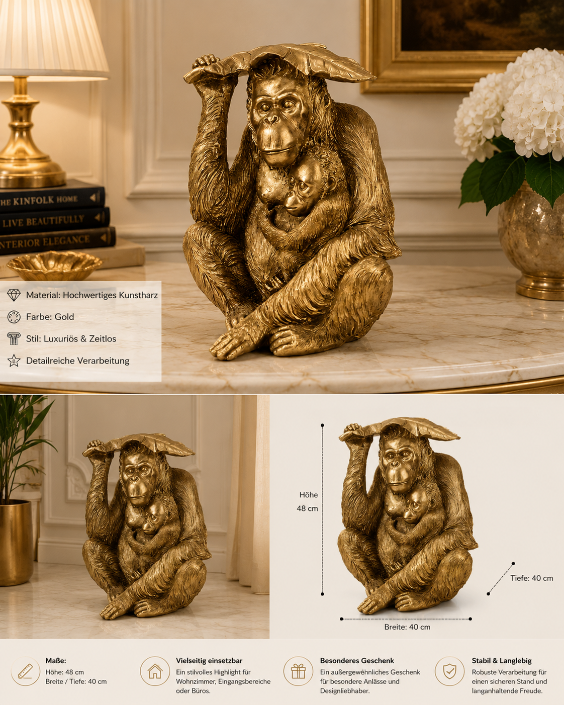 Exklusive Deko-Figur Orang-Utan aus Resin in Gold – Große Affen-Skulptur mit Baby und Blatt (48 cm)