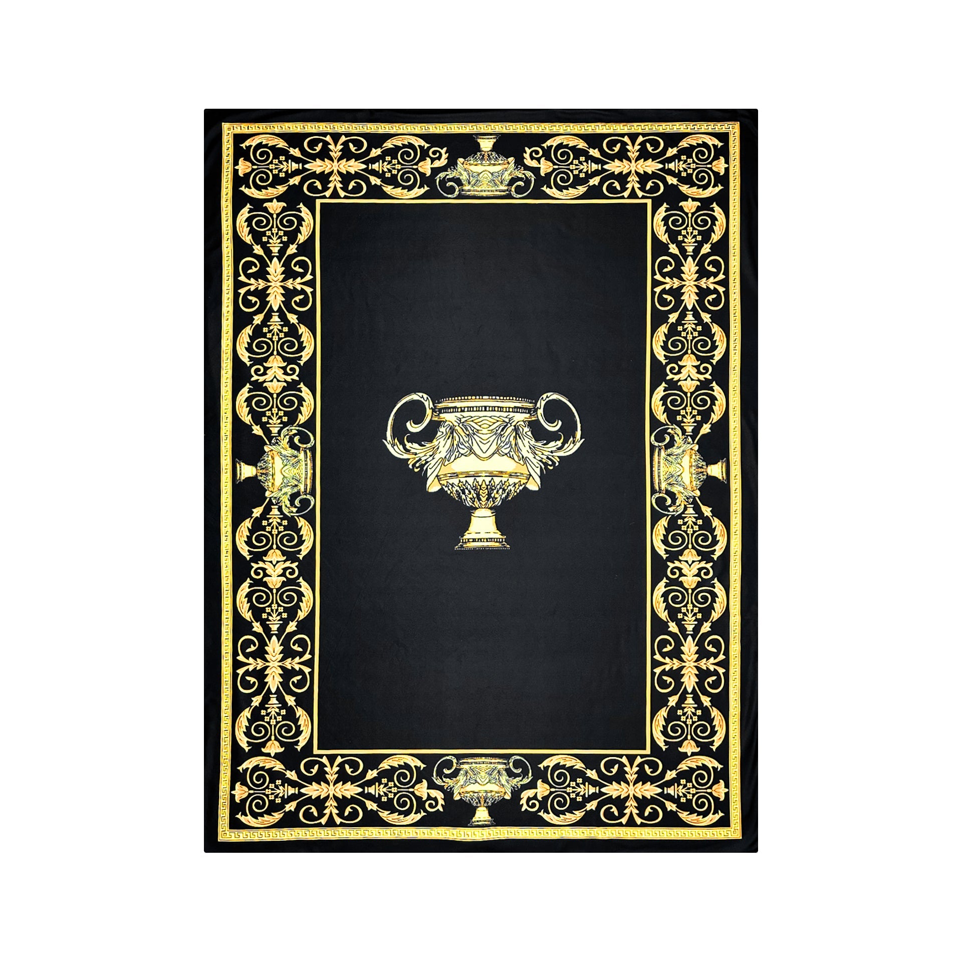 Exklusive Sherpa Decke mit Amphore Motiv in schwarz gold - 150 x 200 - warm & kuschelweich
