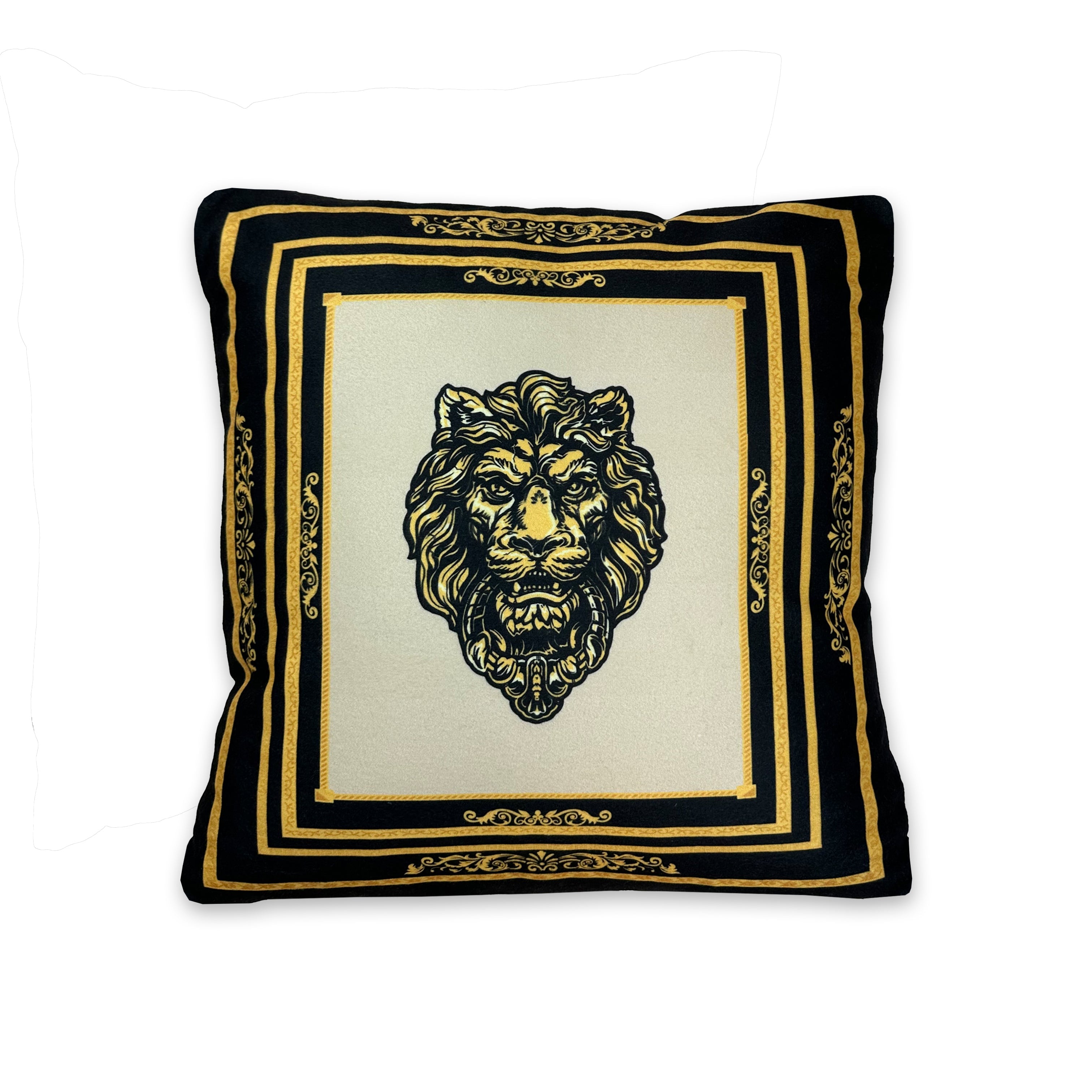Set of 3 decorative pillows with Sherpa blanket lion motif in silk look - black gold with filling