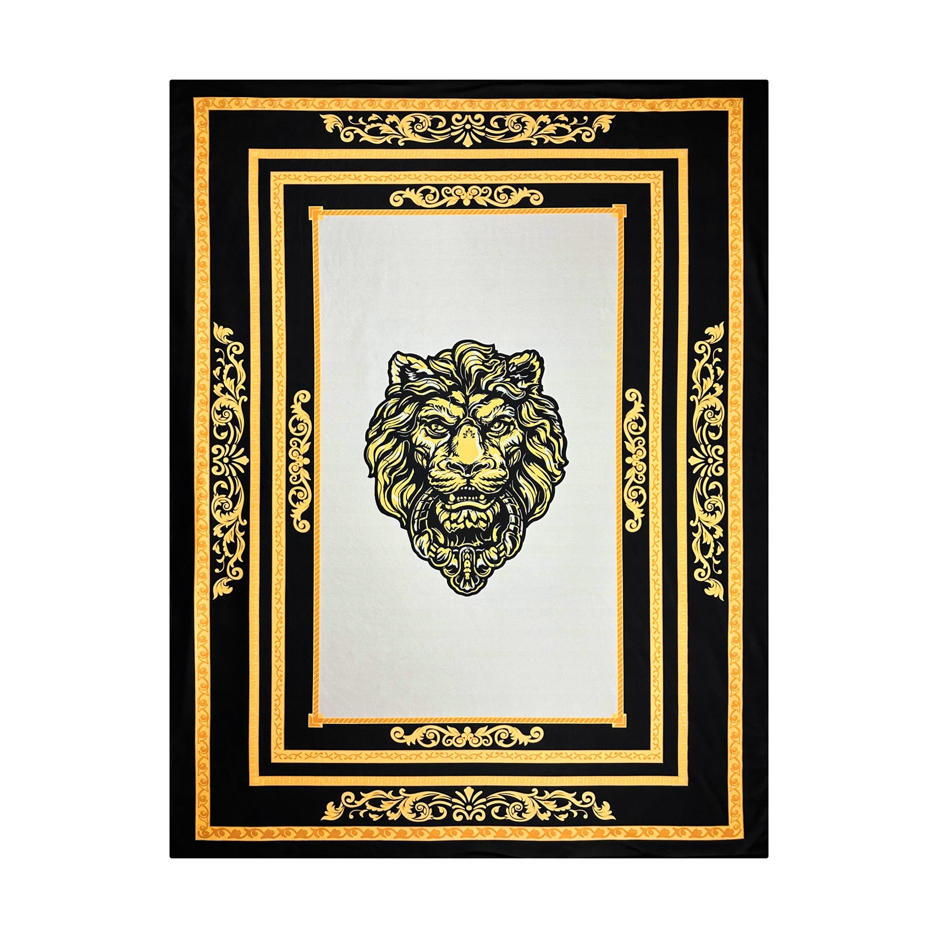 Set of 3 decorative pillows with Sherpa blanket lion motif in silk look - black gold with filling