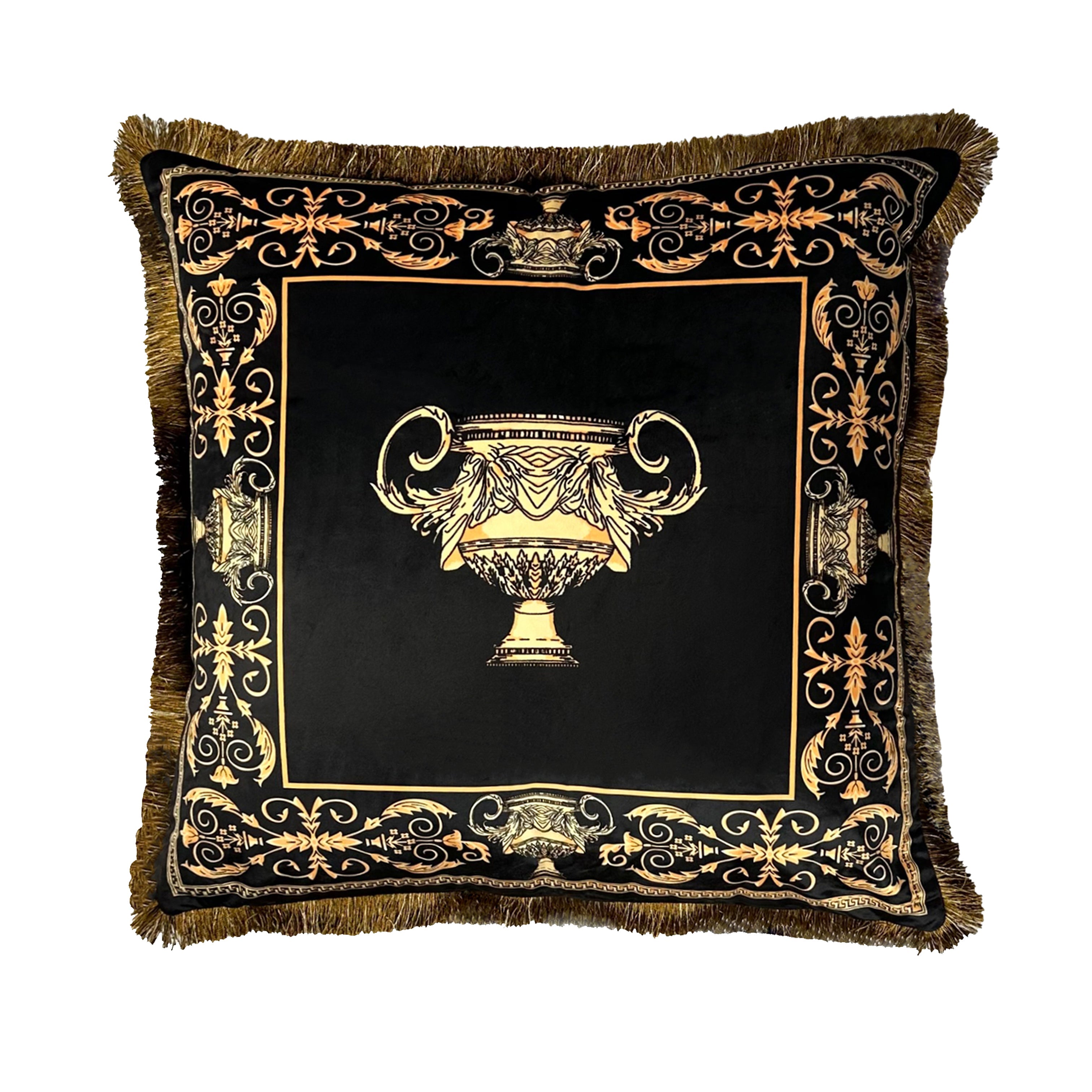 Set of 3 decorative pillows with Sherpa blanket Amphora motif in silk look - black gold with filling