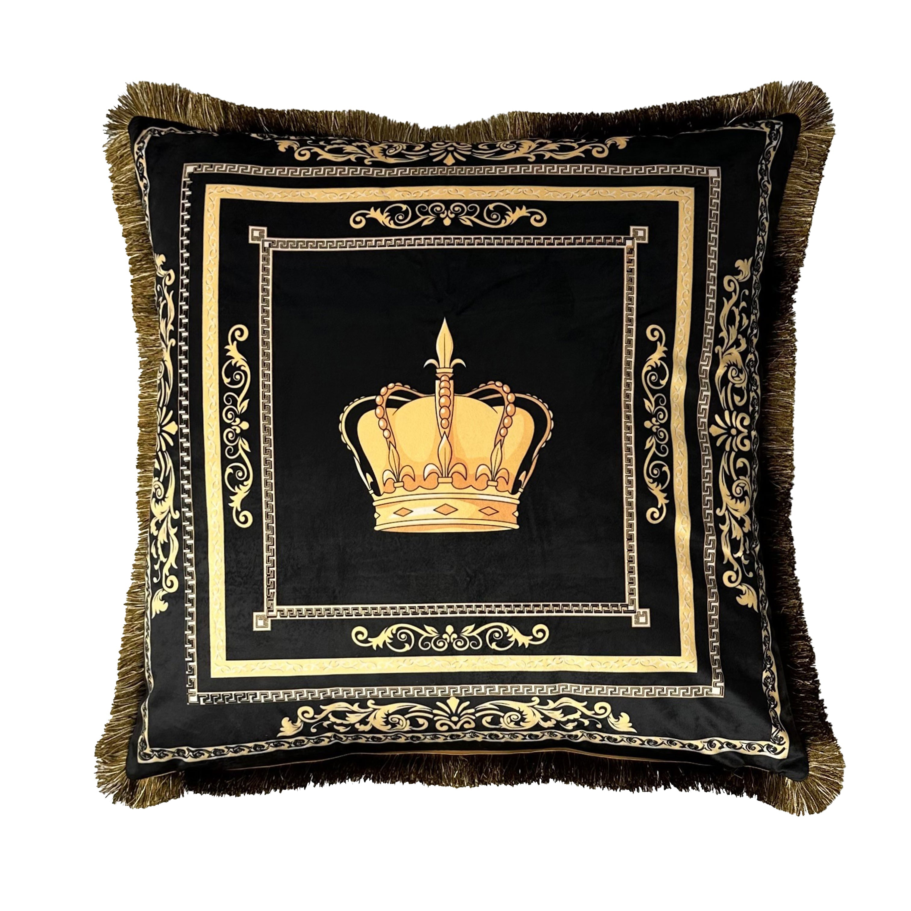 Set of 3 decorative pillows with Sherpa blanket crown motif in silk look - black gold with filling