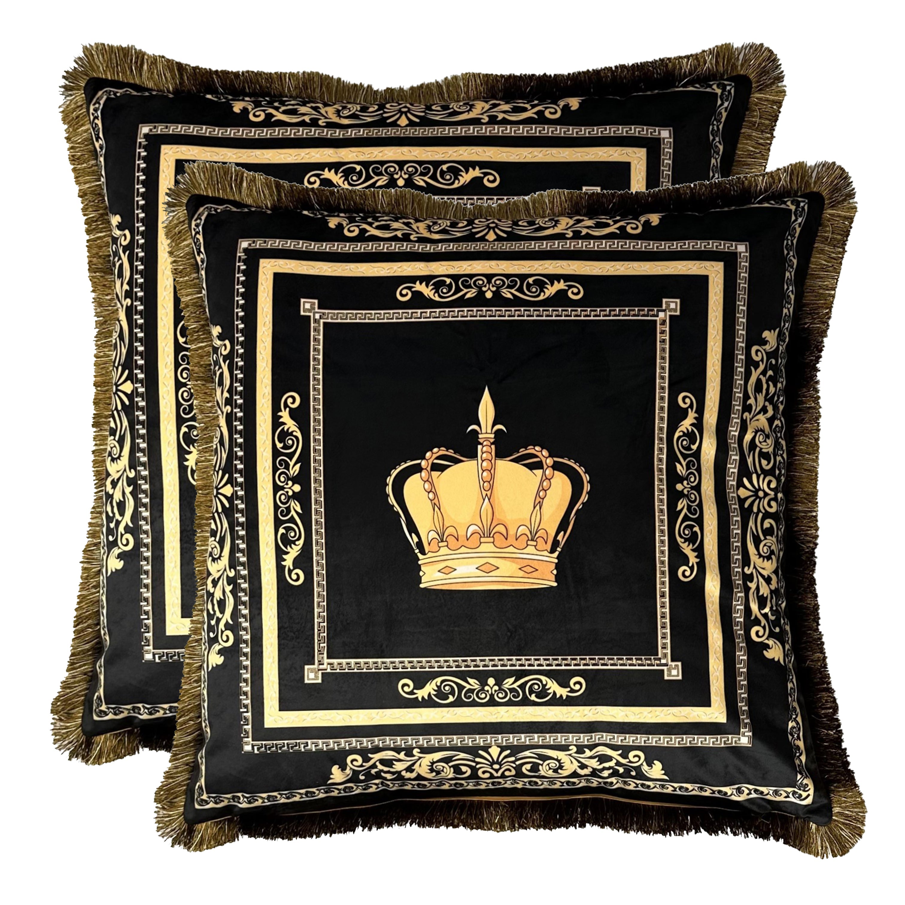 Set of 3 decorative pillows with Sherpa blanket crown motif in silk look - black gold with filling