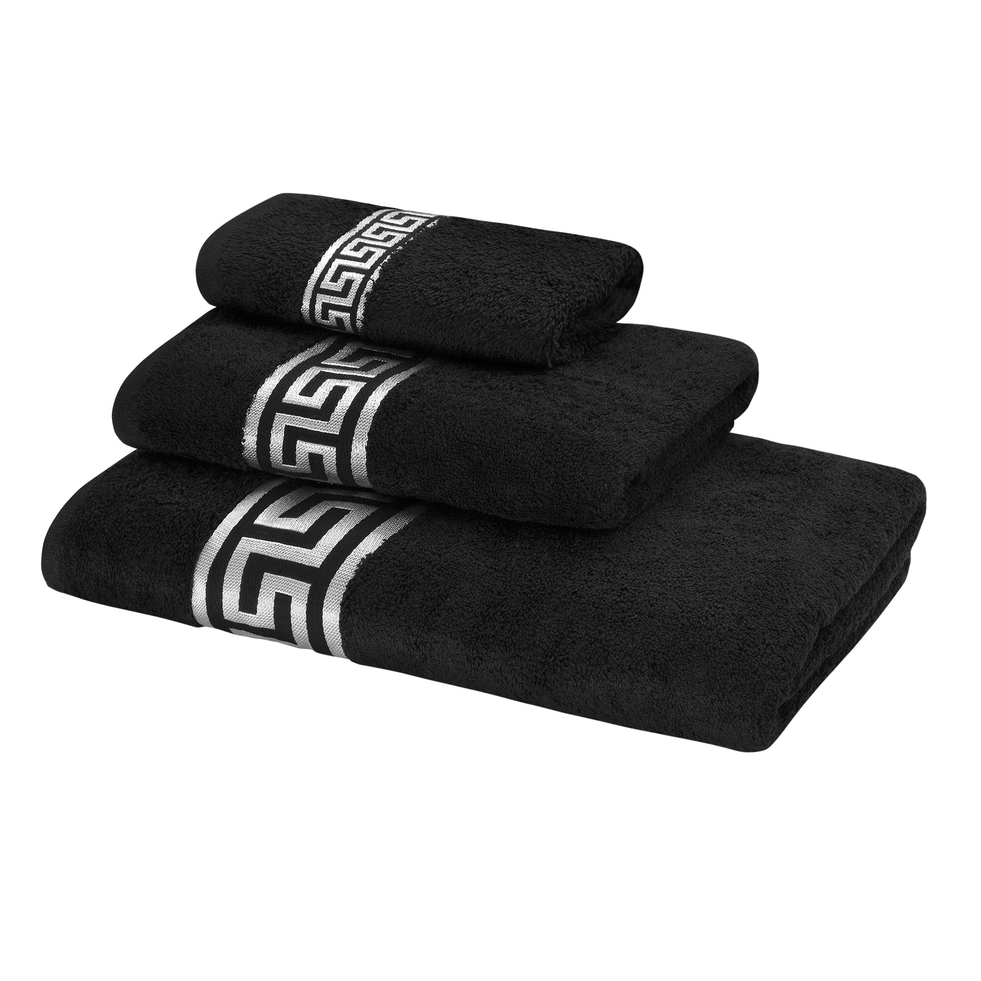 Mäander Löwe Luxus Handtücher – 100% Baumwolle, Saugfähig & Öko-Tex Zertifiziert – Schwarz mit Silber Stickerei für Bad, Sauna & Sport