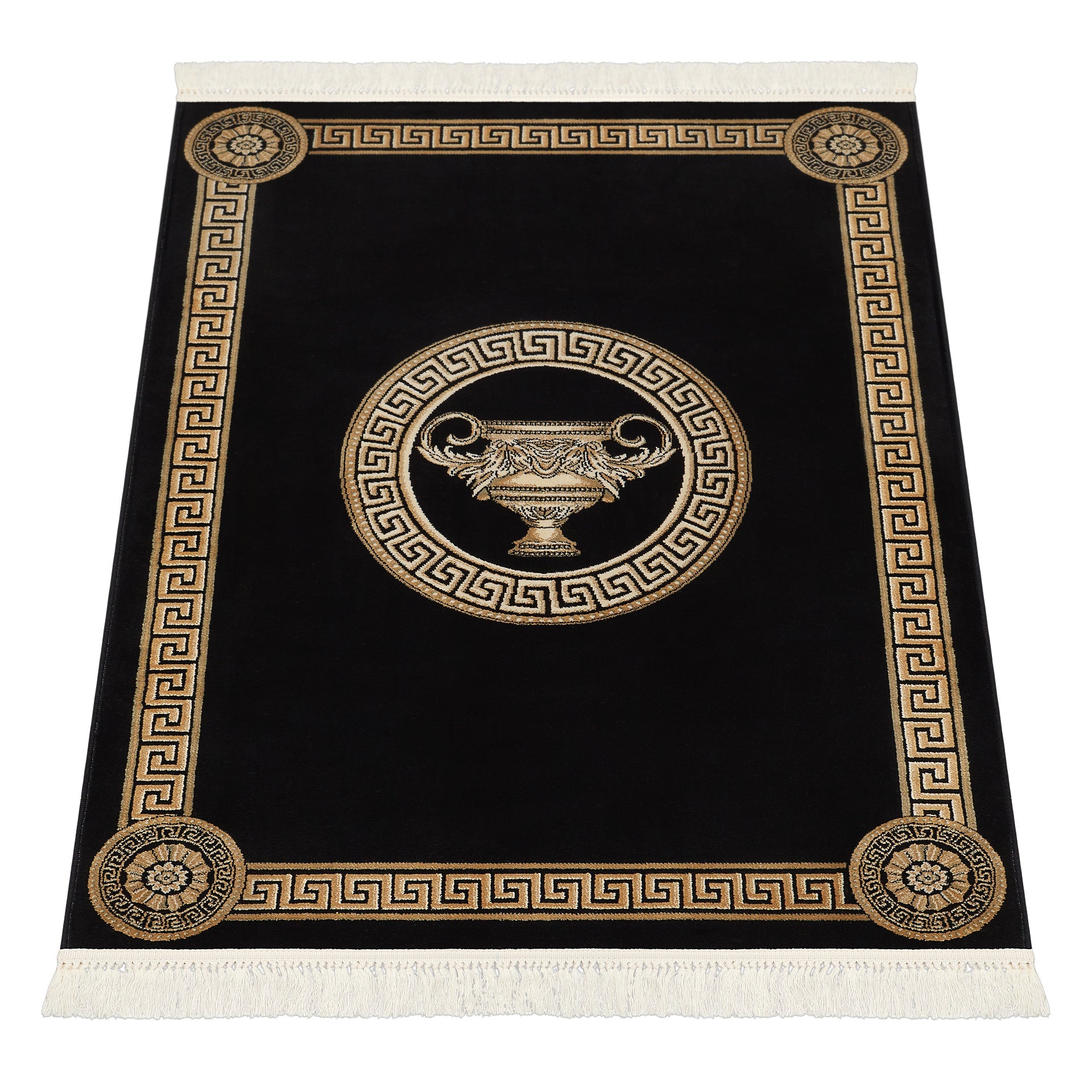 Luxus Teppich Wohnzimmer mit Amphore Motiv in schwarz gold - 100% Viskose - Kurzflor & Seidenglanz
