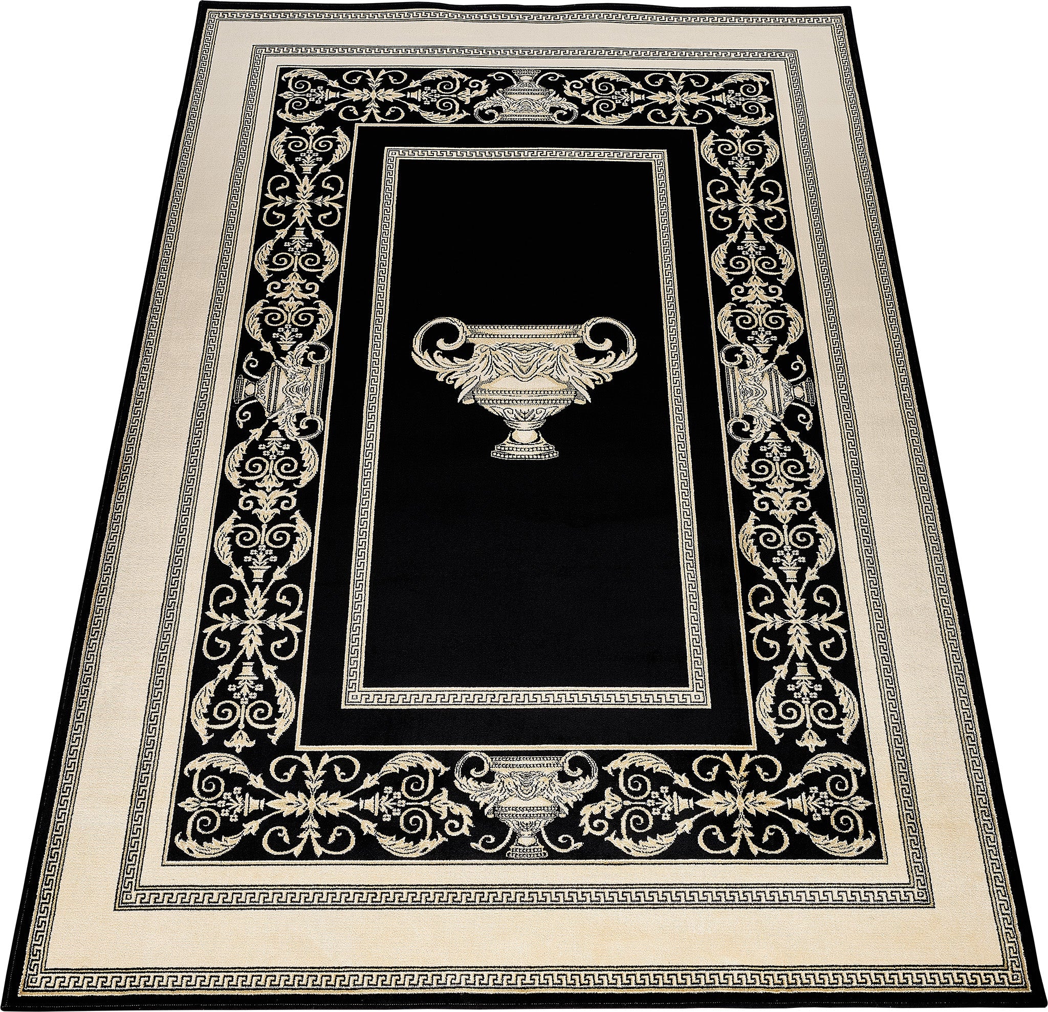 Luxus Designer Teppich Mike Milano in Schwarz Gold mit Amphore Motiv - 100% Viskose hochwertig, rutschfest, allergikerfreundlich, Fußbodenheizung geeignet
