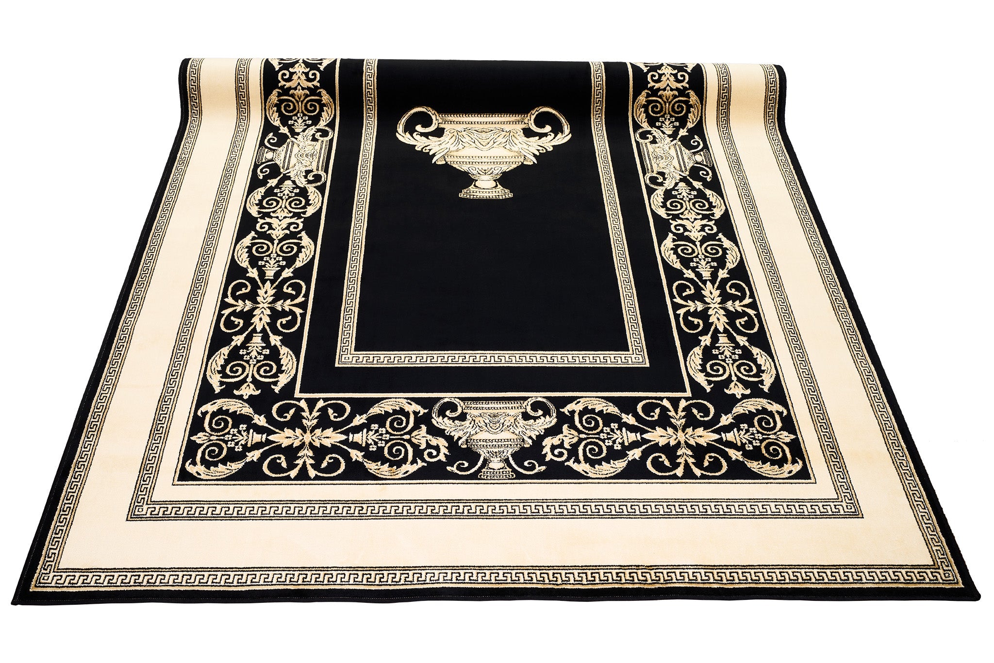 Luxus Designer Teppich Mike Milano in Schwarz Gold mit Amphore Motiv - 100% Viskose hochwertig, rutschfest, allergikerfreundlich, Fußbodenheizung geeignet