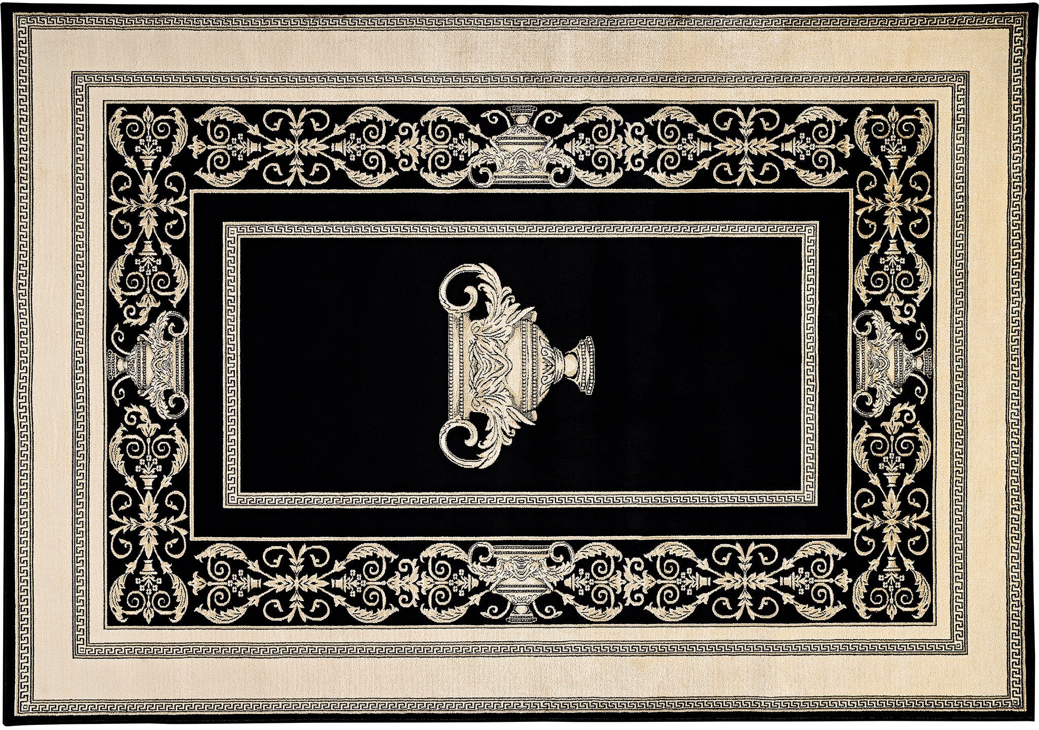Luxus Designer Teppich Mike Milano in Schwarz Gold mit Amphore Motiv - 100% Viskose hochwertig, rutschfest, allergikerfreundlich, Fußbodenheizung geeignet