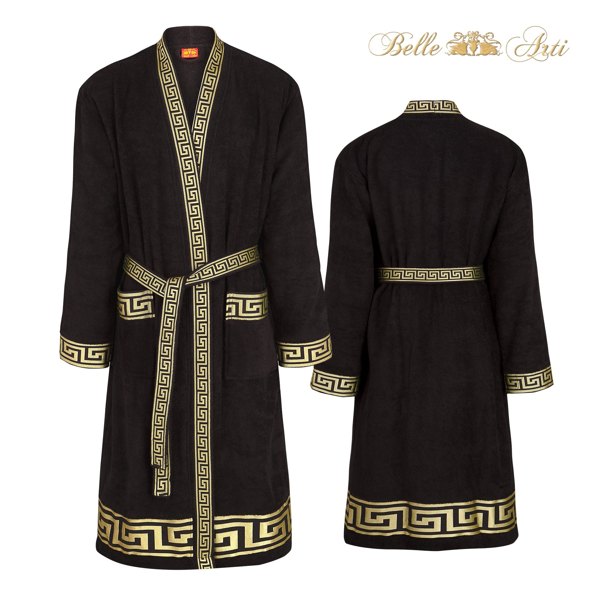 Luxury bathrobe kimono meander in black gold for women &amp; men - 100% cotton