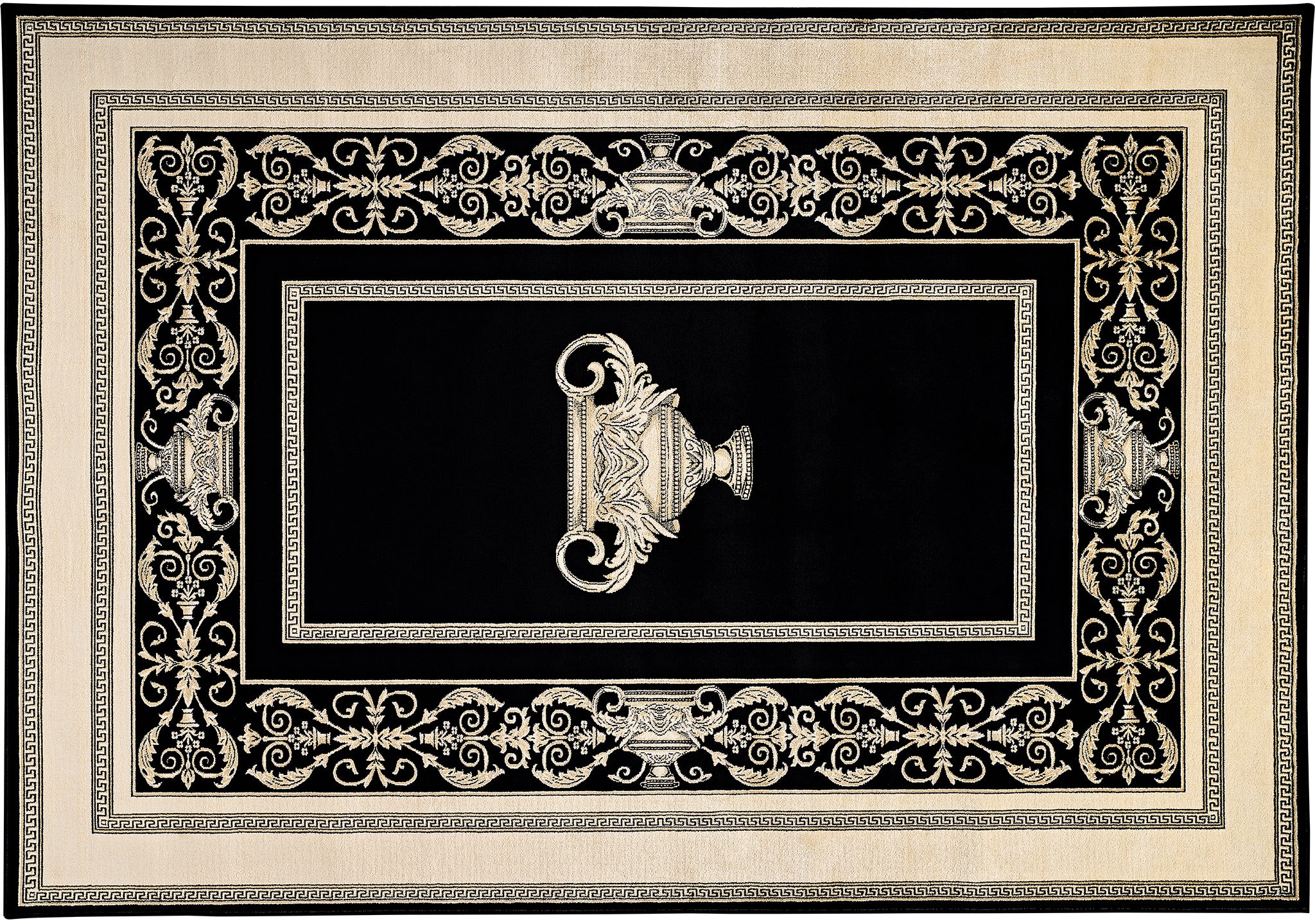 Luxus Designer Teppich Mike Milano in Schwarz Gold mit Amphore Motiv - 100% Viskose hochwertig, rutschfest, allergikerfreundlich, Fußbodenheizung geeignet