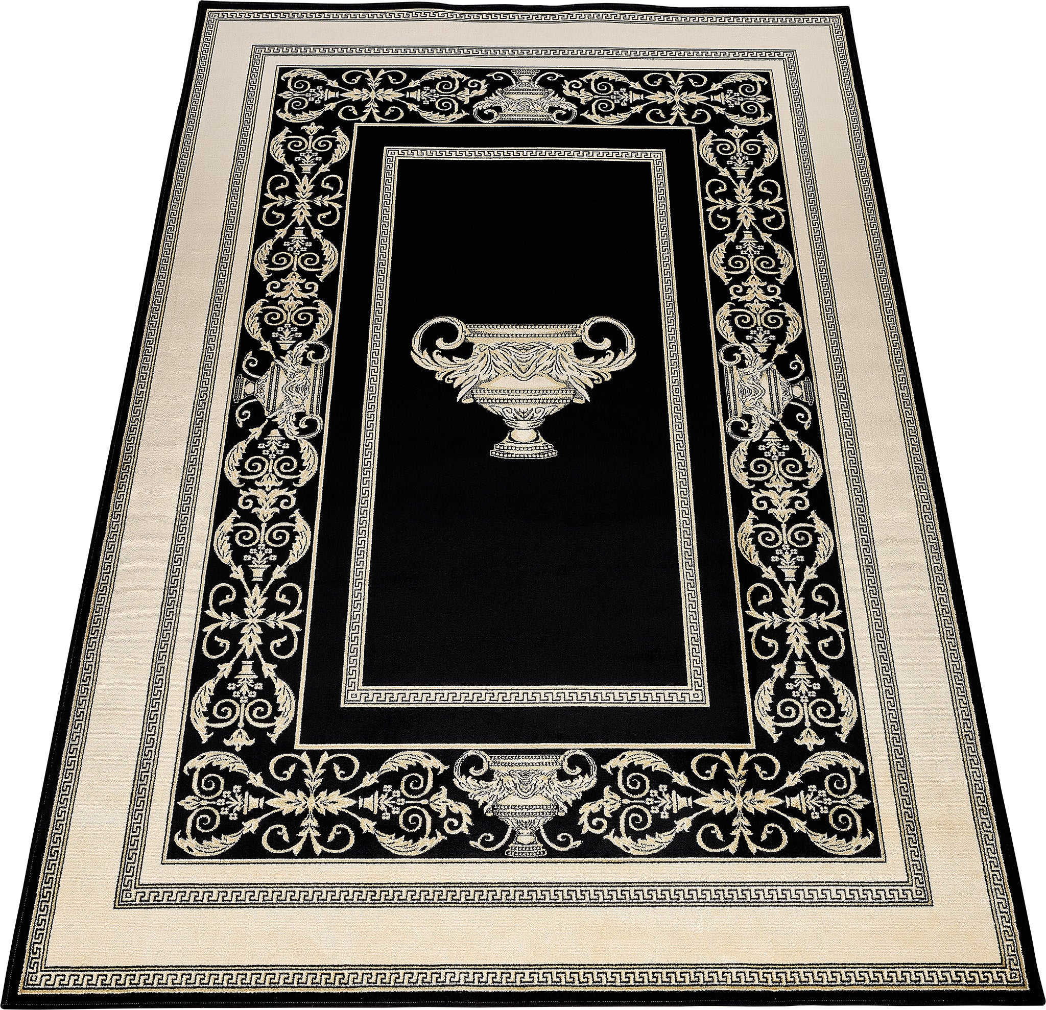 Luxus Designer Teppich Mike Milano in Schwarz Gold mit Amphore Motiv - 100% Viskose hochwertig, rutschfest, allergikerfreundlich, Fußbodenheizung geeignet