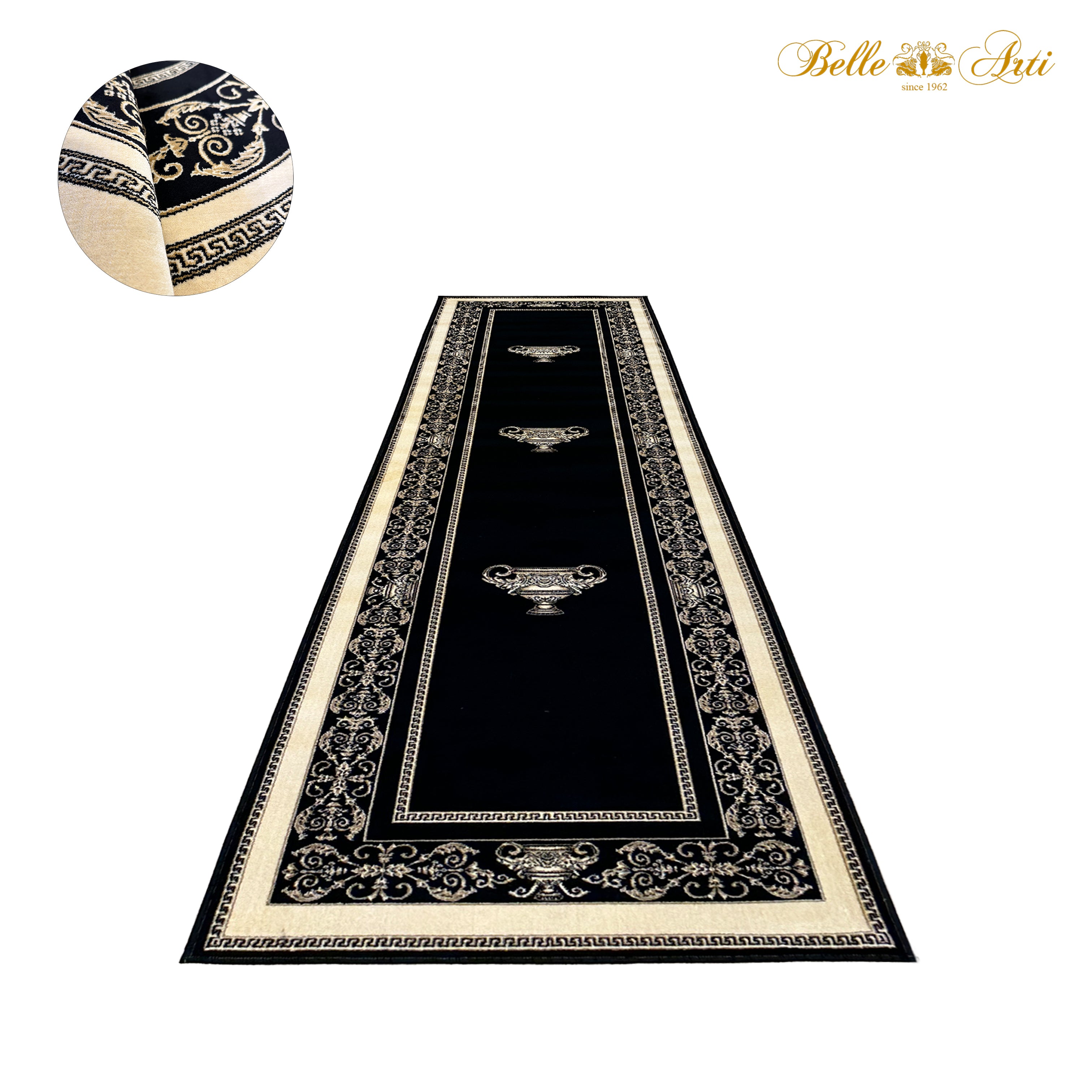 Luxus Designer Teppich Läufer Mike Milano in Schwarz Gold mit Amphore Motiv - 100% Viskose hochwertig, rutschfest, allergikerfreundlich, Fußbodenheizung geeignet