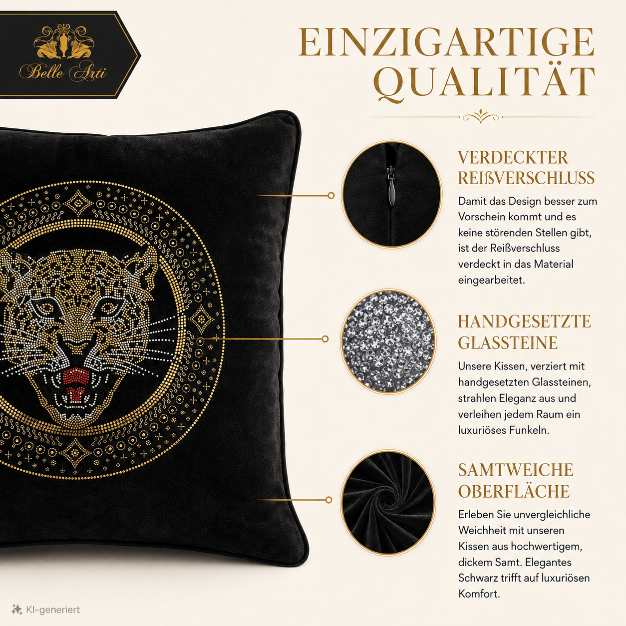 Dekokissen Tiger Muster mit Steinen - schwarz gold mit Füllung und Bezug