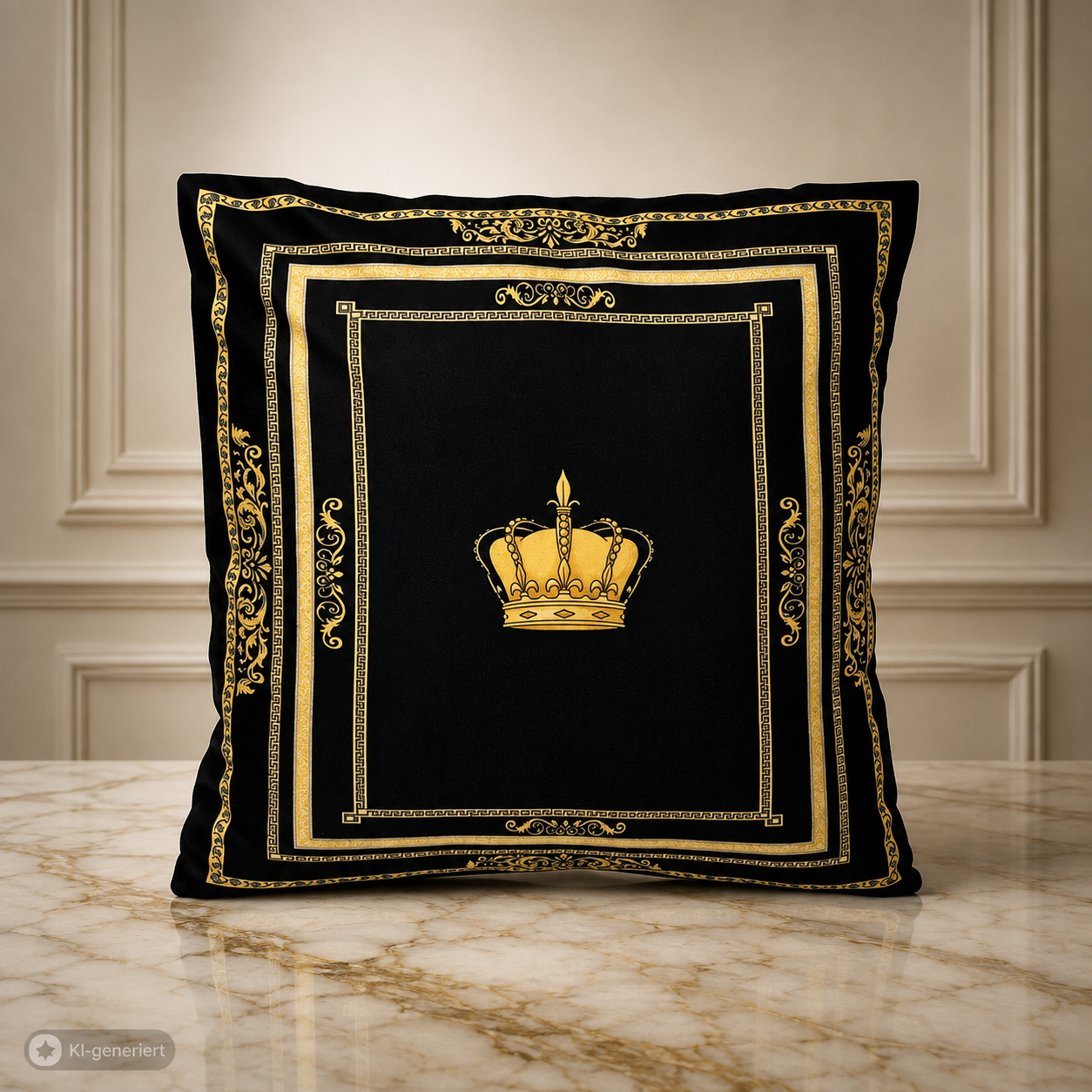 Dekorative Kissen mit Krone Motiv Seiden Look in schwarz gold mit Kissenbezug