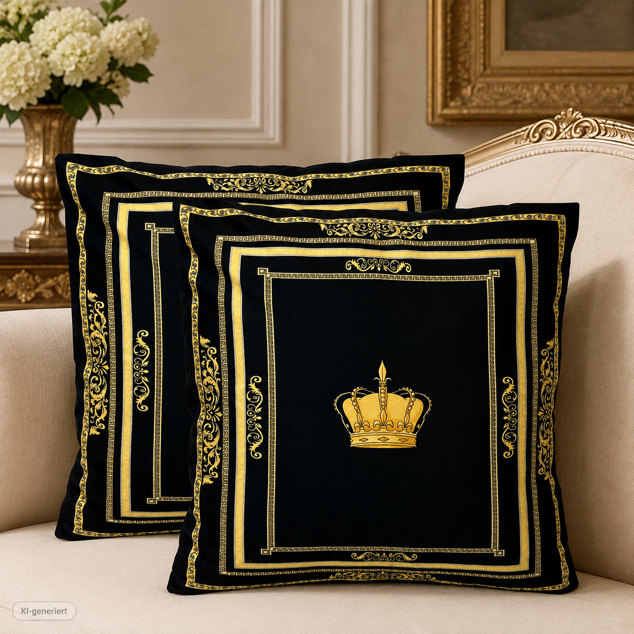 Dekorative Kissen mit Krone Motiv Seiden Look in schwarz gold mit Kissenbezug