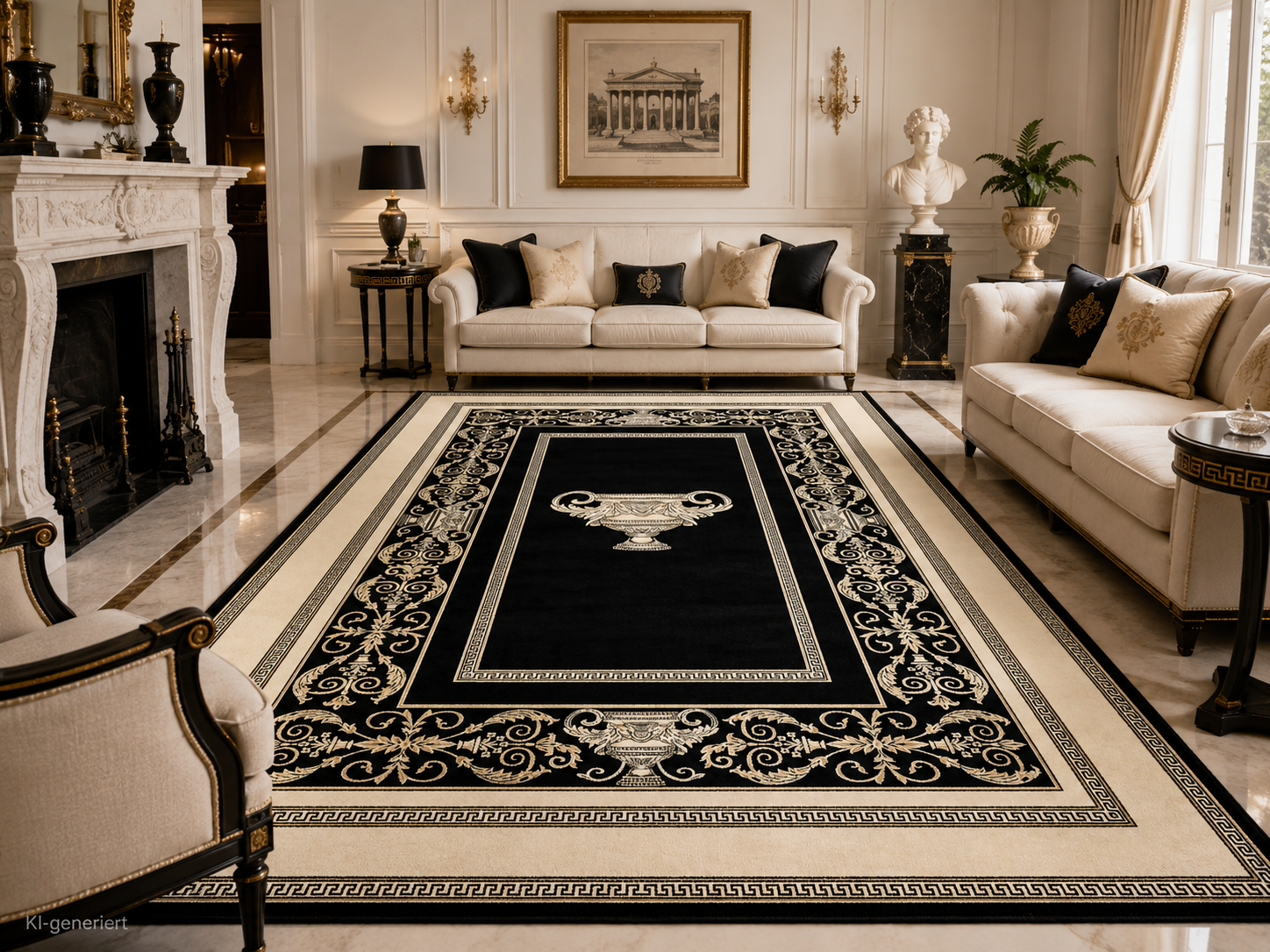 Luxus Designer Teppich Mike Milano in Schwarz Gold mit Amphore Motiv - 100% Viskose hochwertig, rutschfest, allergikerfreundlich, Fußbodenheizung geeignet