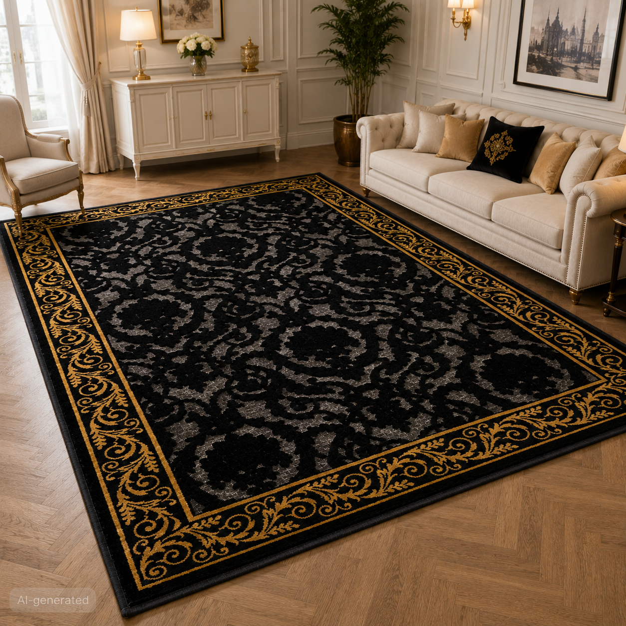 Exklusiver 3D Teppich Wohnzimmer Farashe in Schwarz Gold aus 100% Viskose - Kurzflor, Seidenglanz, Anti-Rutsch, Anti-Allergisch