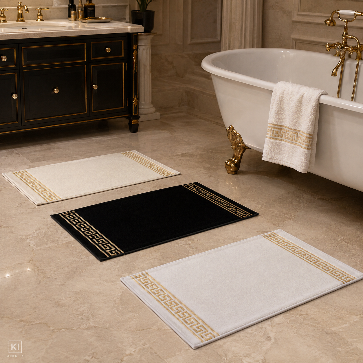 Badematte Badvorleger Set in Mäander Design - schwarz, weiss, oder beige gold - 100% Baumwolle