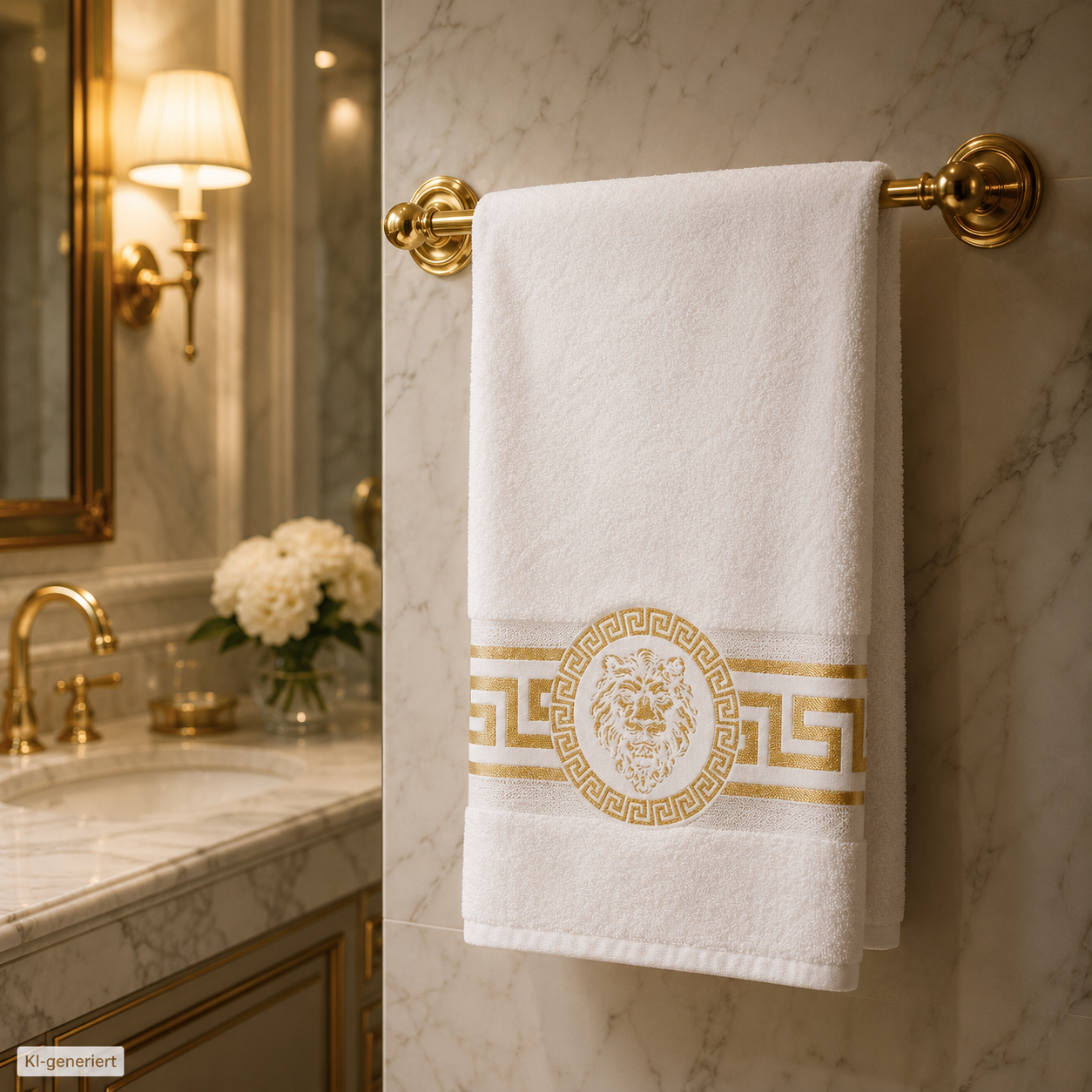 Meander Lion Towels White Gold