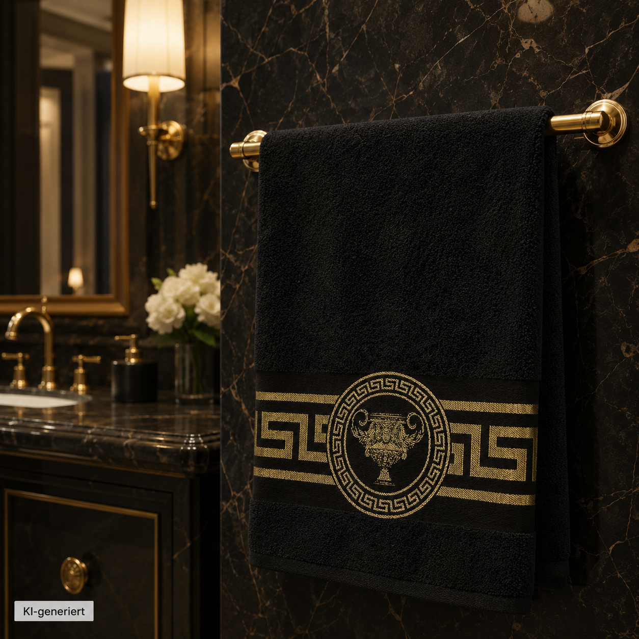 Luxury towels Meander Amphora in black gold - 100% cotton - soft and absorbent