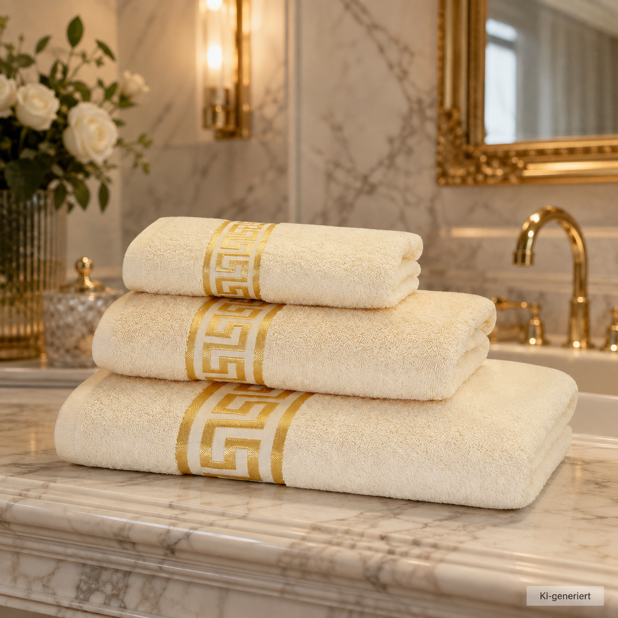 Premium Handtücher Mäander in beige gold - 100% Baumwolle Frottee - Stickerei