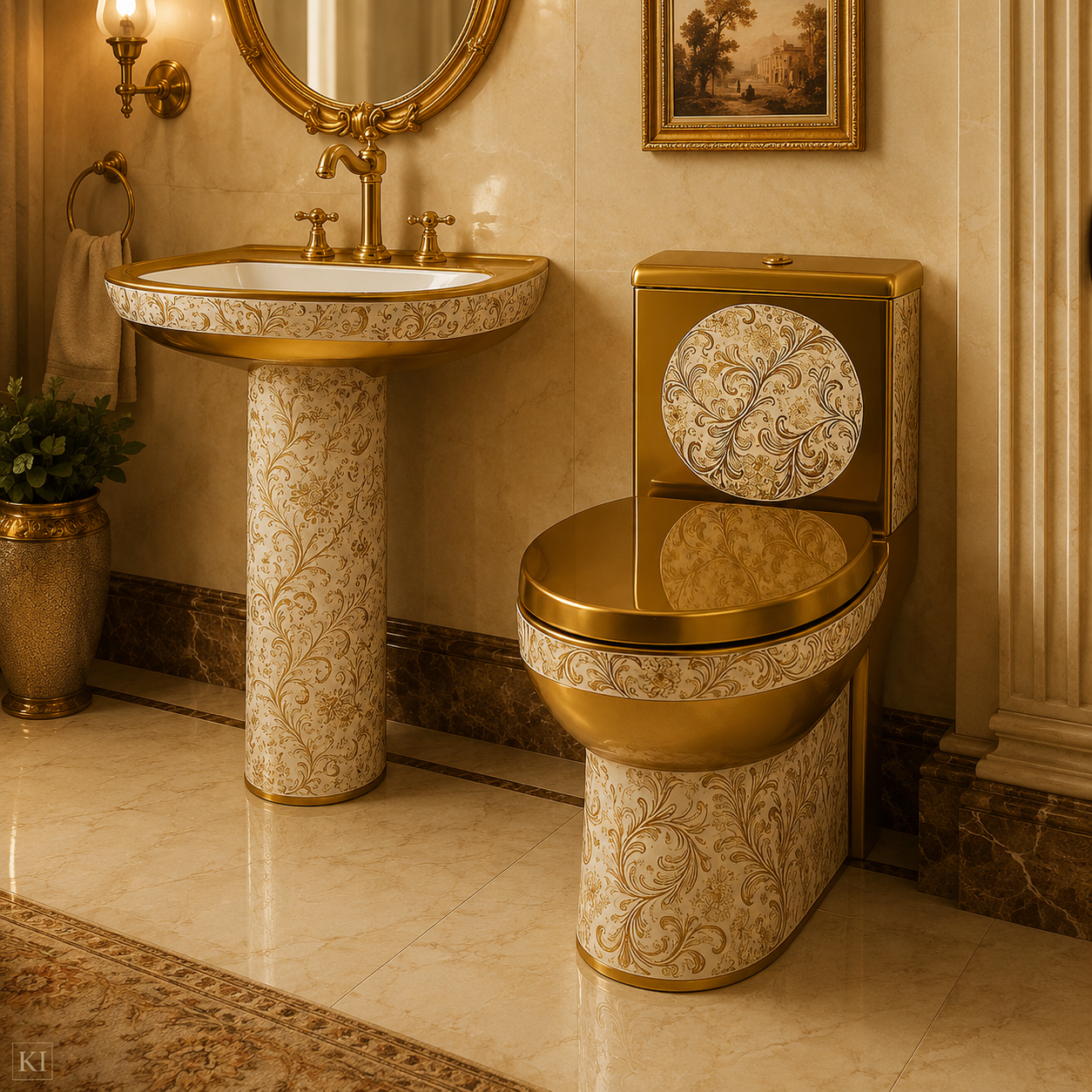 Goldene Toilette Blumen Weiß/Gold