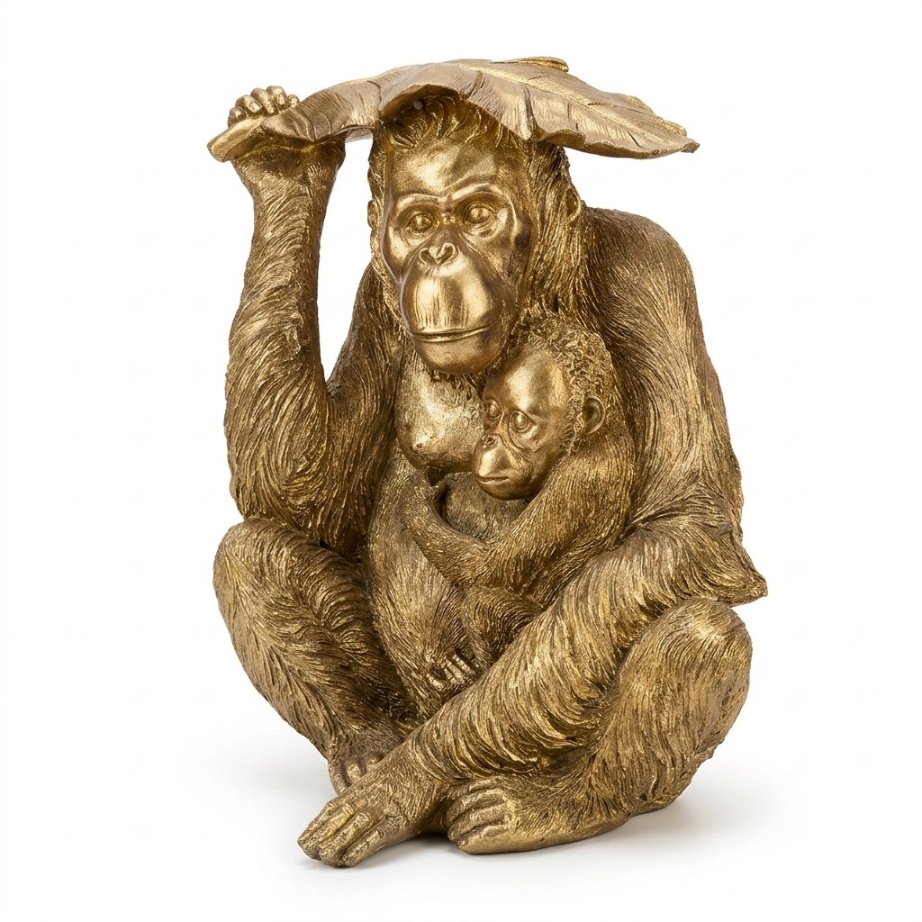 Exklusive Deko-Figur Orang-Utan aus Resin in Gold – Große Affen-Skulptur mit Baby und Blatt (48 cm)
