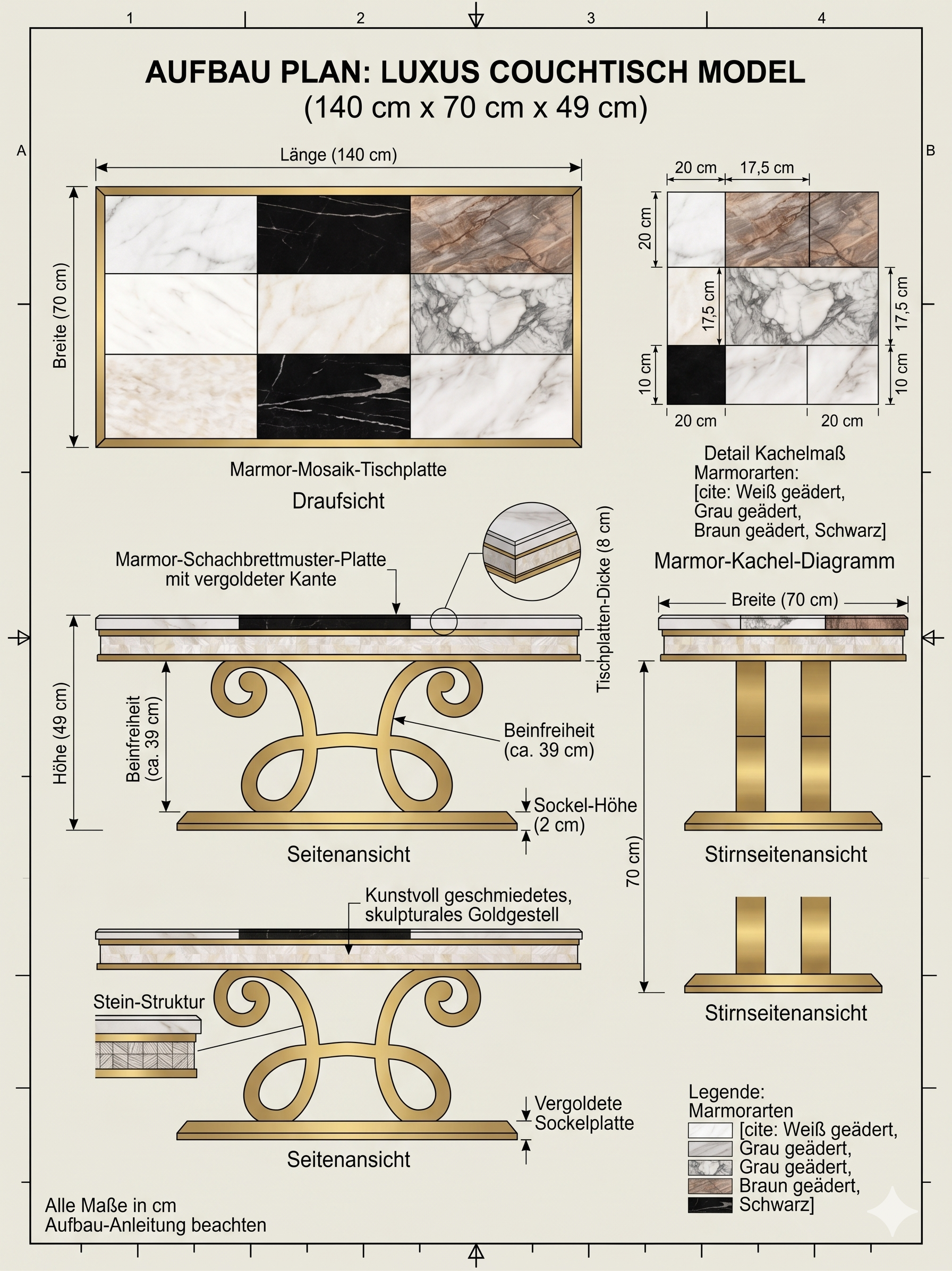 Designer-Couchtisch aus Echtem Marmor im Schachbrett-Look mit Vergoldetem Gestell