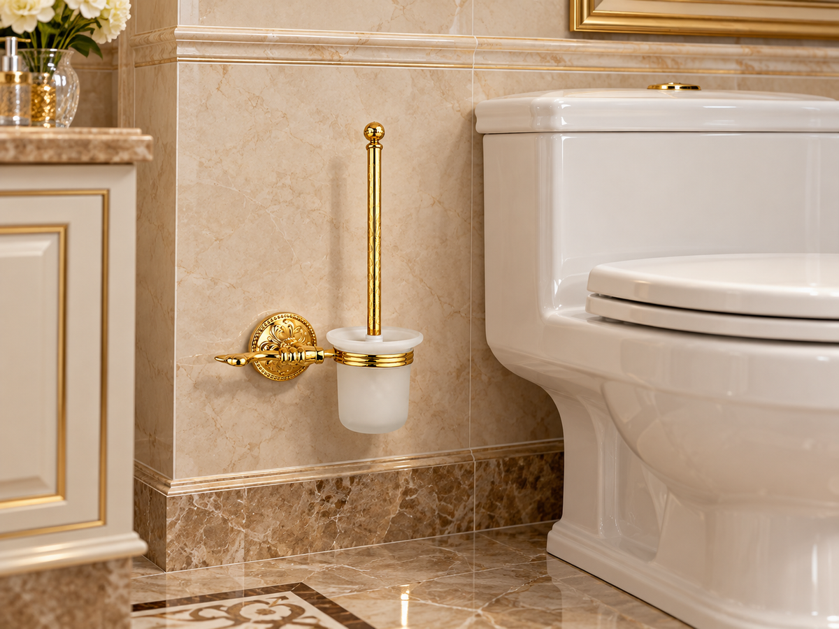 Luxus Toilettenbürste mit Halterung aus Messing und Milchglas Esclusivo  - Wandmontage, rostfrei, gold poliert