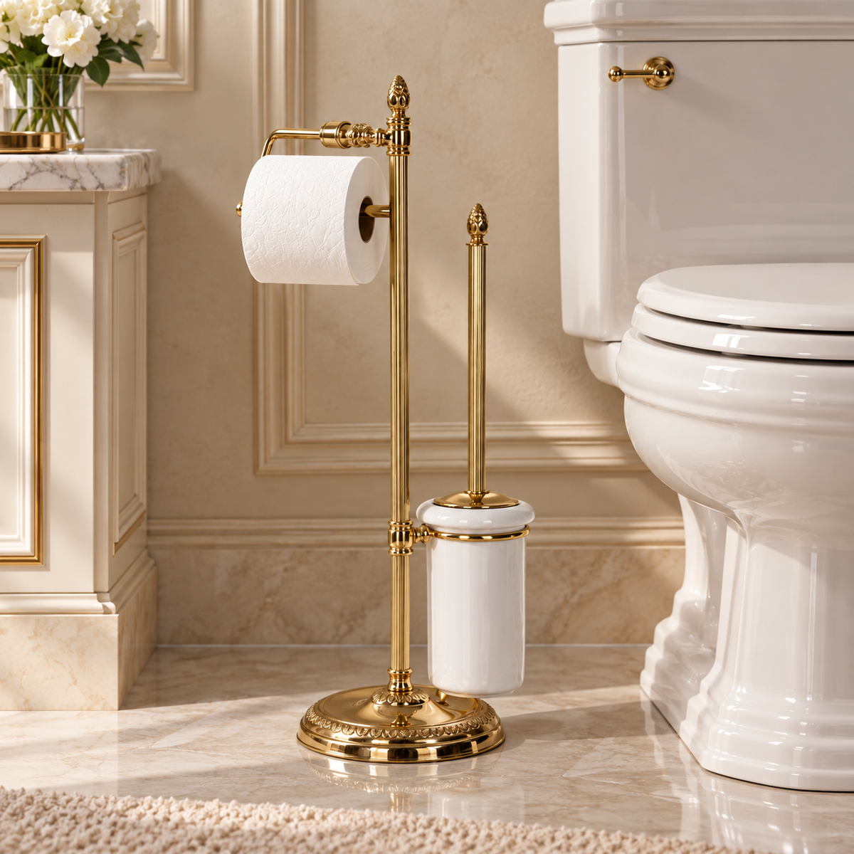 Luxus Toilettenbürste mit Toilettenpapierhalter Antik aus Messing und Keramik - stehend - gold poliert & rostfrei
