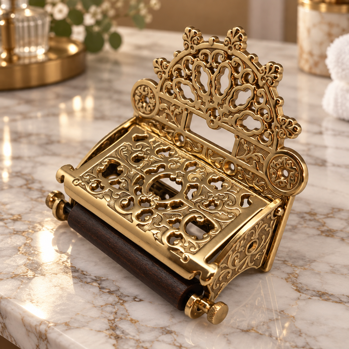 Toilet paper holder made of real brass with lid in retro vintage design - rustproof