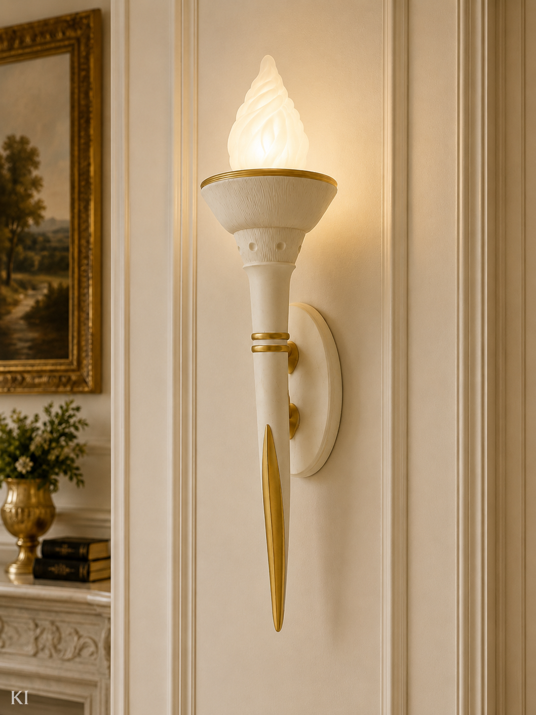 Exklusive Wandleuchte in Creme & Gold – Polyresin – H 110 cm