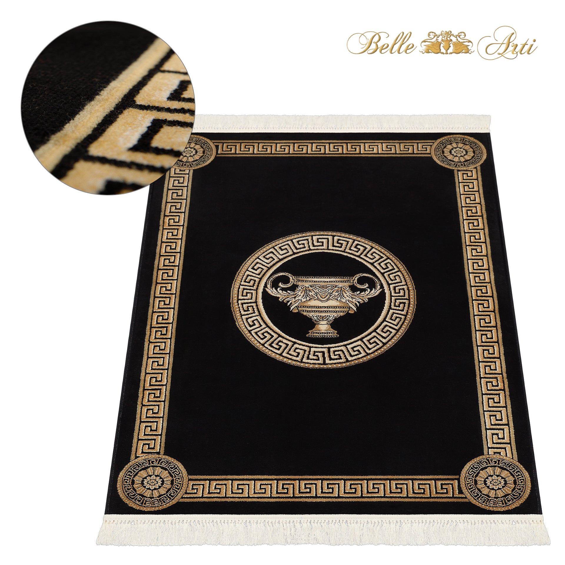 Luxus Teppich Wohnzimmer mit Amphore Motiv in schwarz gold - 100% Viskose - Kurzflor & Seidenglanz