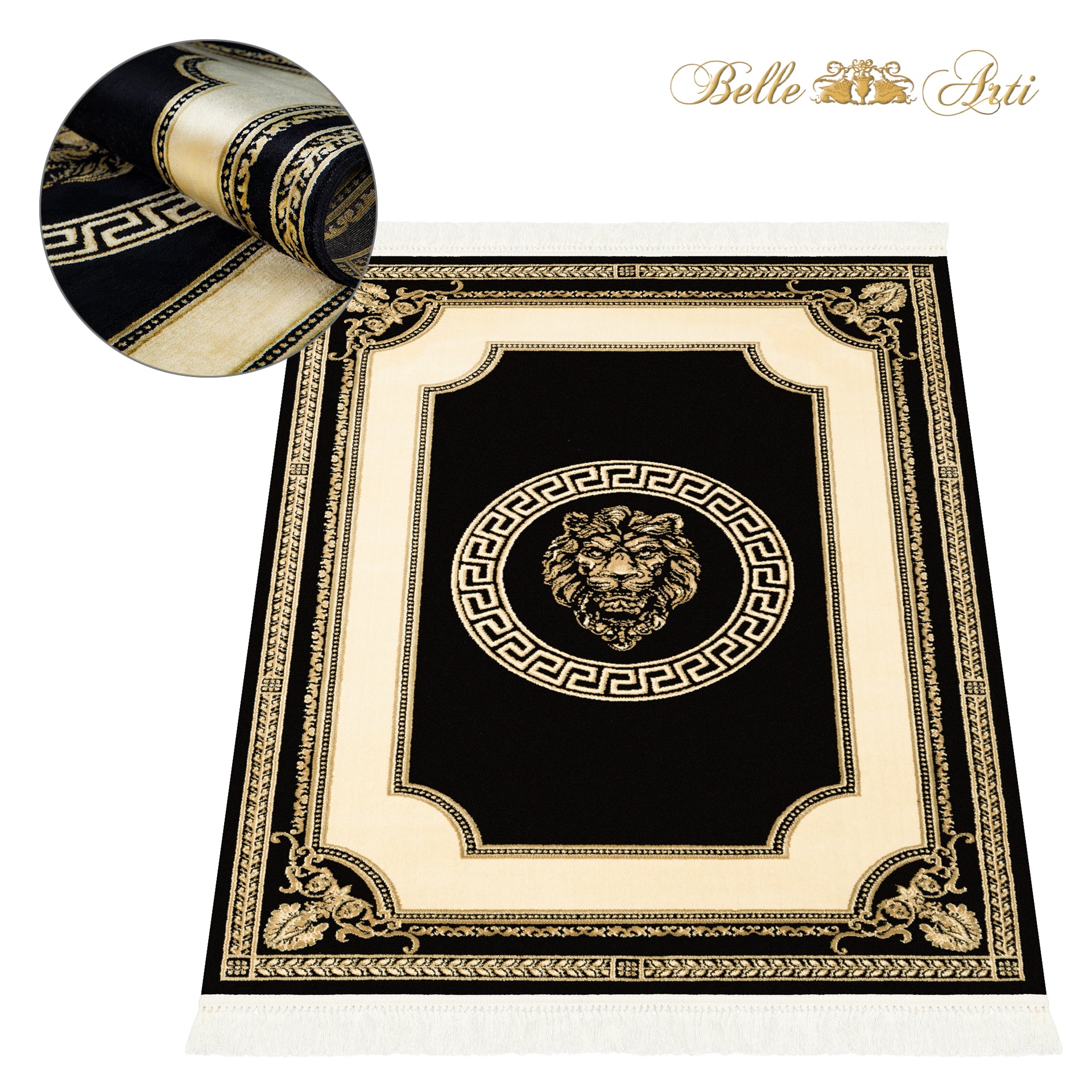 Premium Teppich Wohnzimmer Schlafzimmer mit Löwen Motiv in schwarz gold - kurzflor, weich, flauschig - 100% Viskose