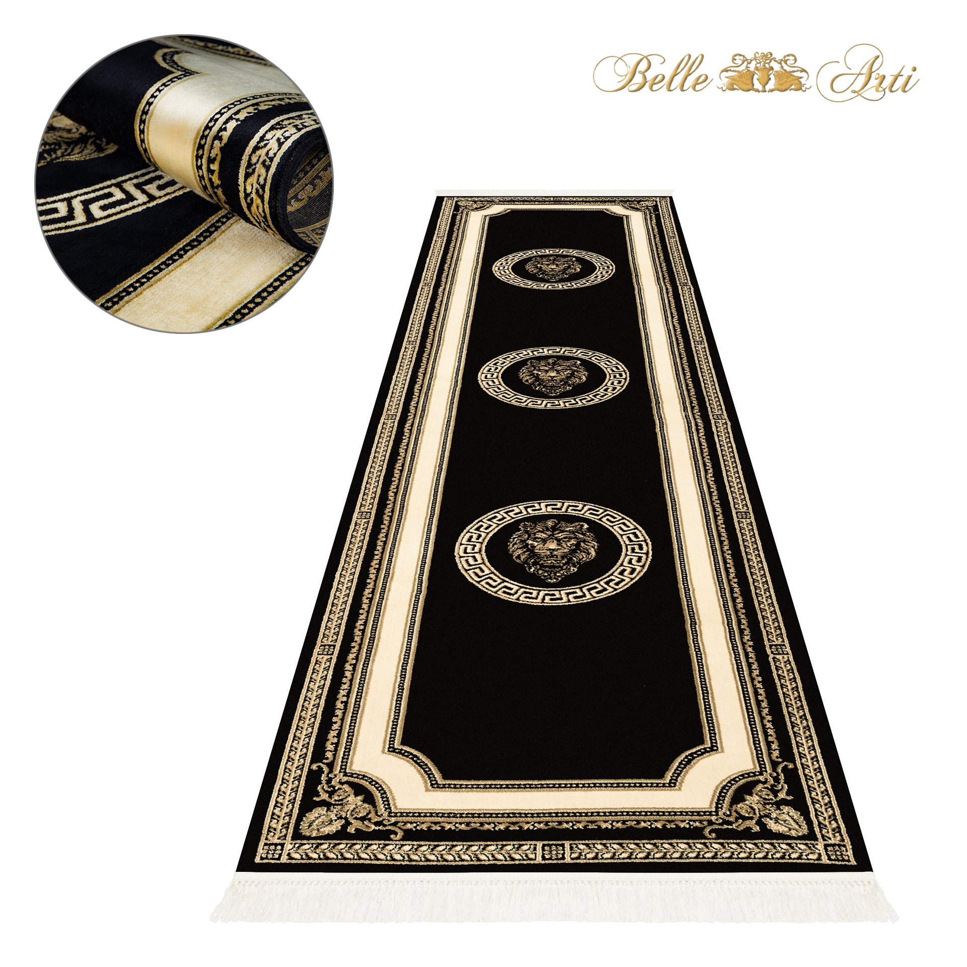 Designer Flur Teppich Läufer mit Löwe Mäander Muster in Schwarz Gold - handgeknüpfte Fransen, weich, flauschig, rutschfest, 100% Viskose