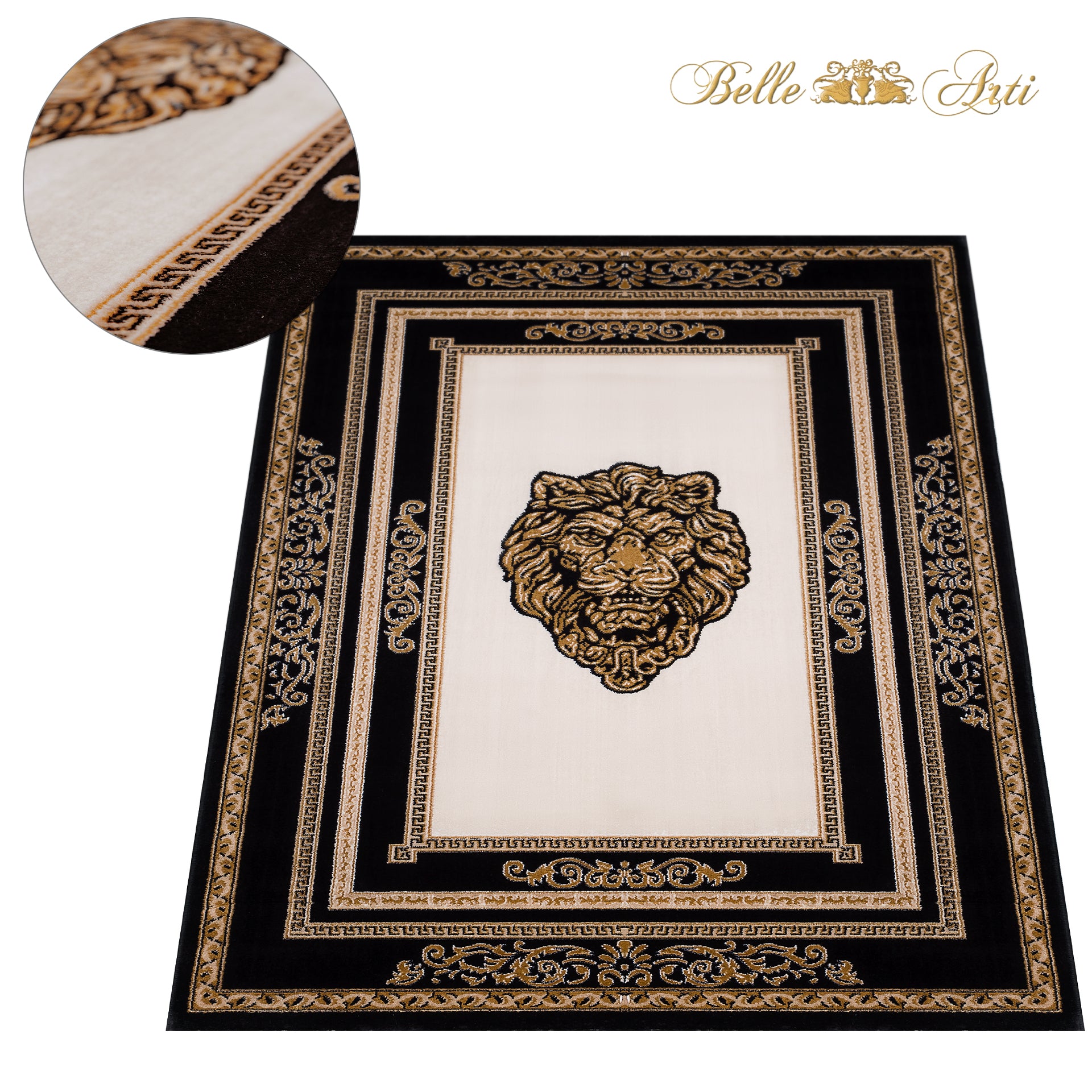 Teppich Wohnzimmer schwarz gold Löwenkopf - Italienisches Design - antiallergisch und schadstofffrei
