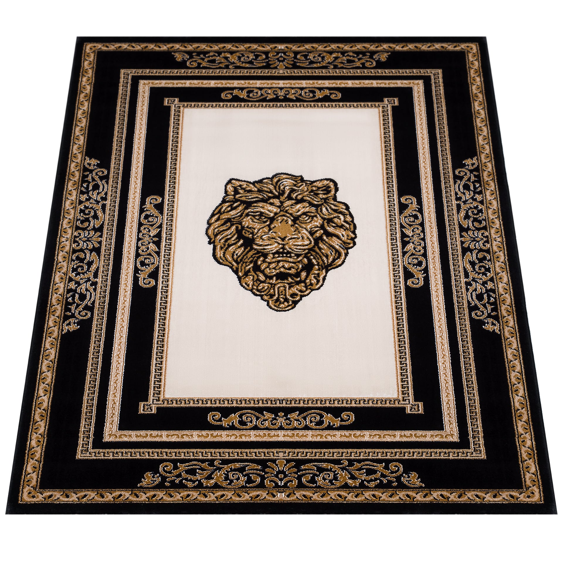 Teppich Wohnzimmer schwarz gold Löwenkopf - Italienisches Design - antiallergisch und schadstofffrei