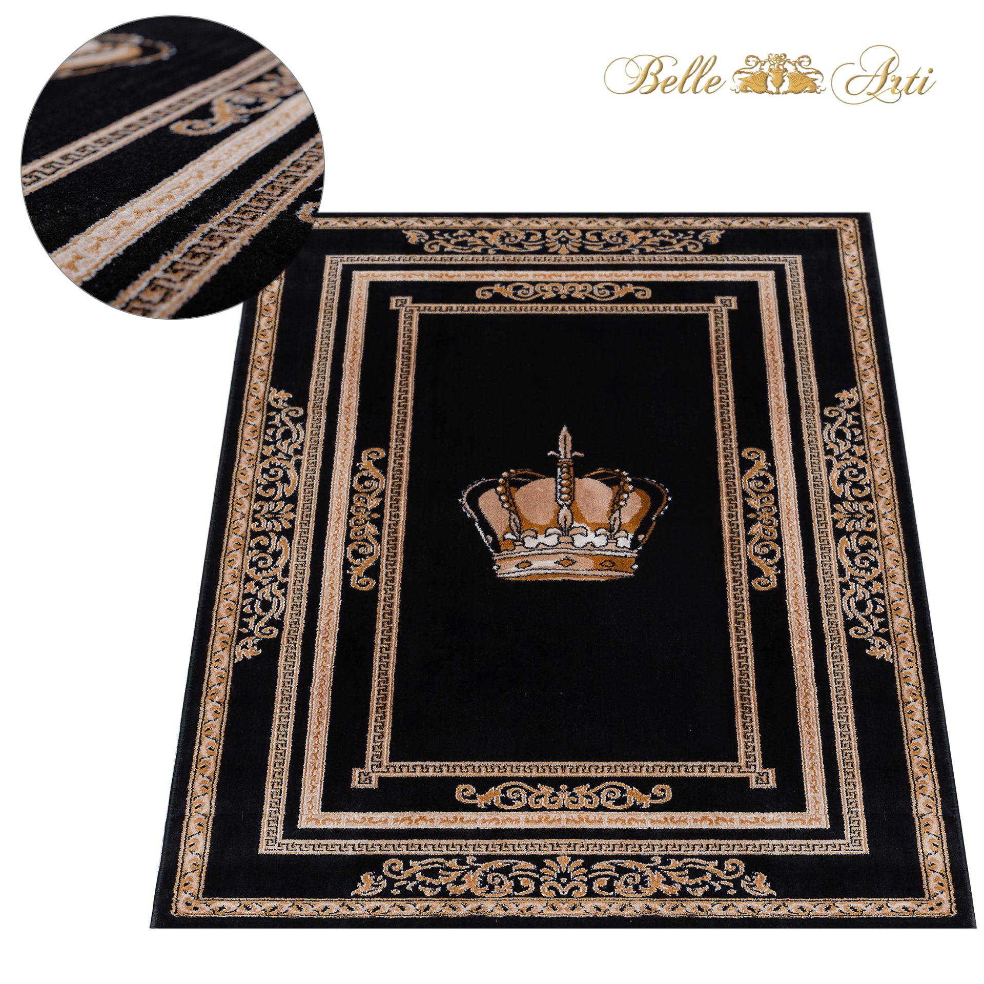 Wohnzimmerteppich in Schwarz Gold mit edlem Kronenmotiv im Italienischen Design - rutschfest & langlebig
