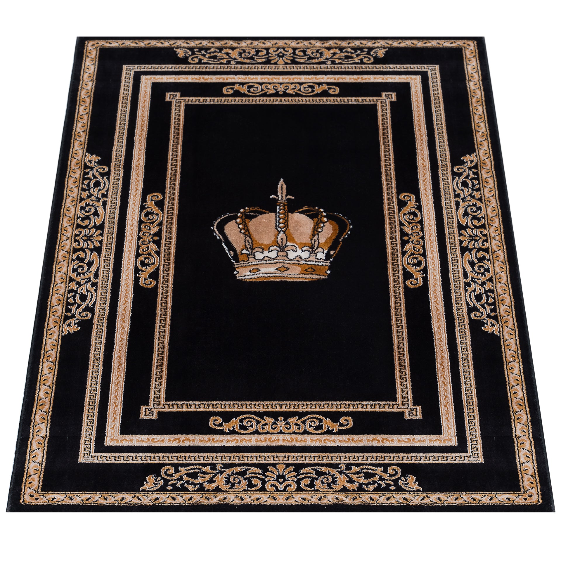 Wohnzimmerteppich in Schwarz Gold mit edlem Kronenmotiv im Italienischen Design - rutschfest & langlebig