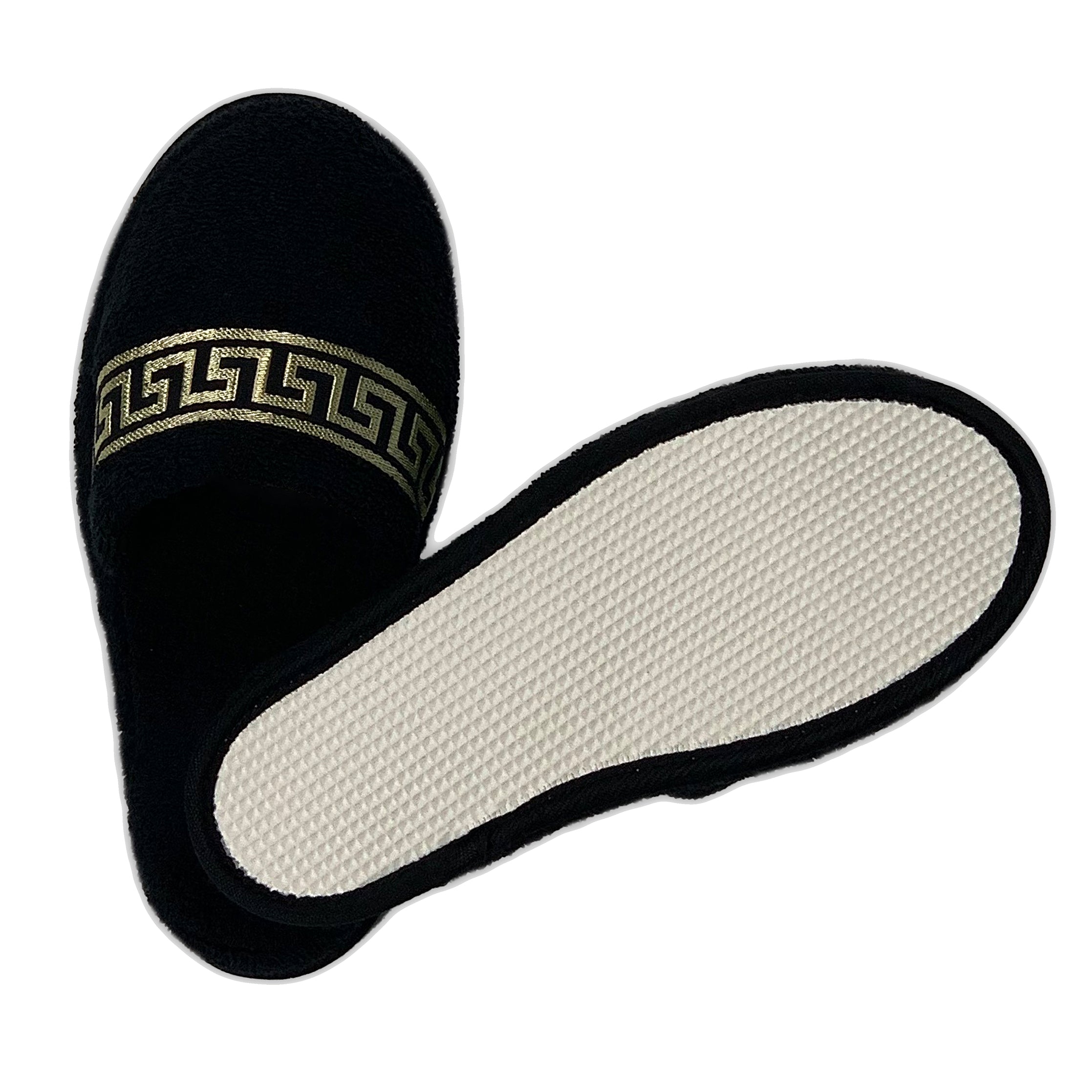 Exklusiver Hotelslipper schwarz gold Mäander Muster - Unisex - 100% Baumwolle