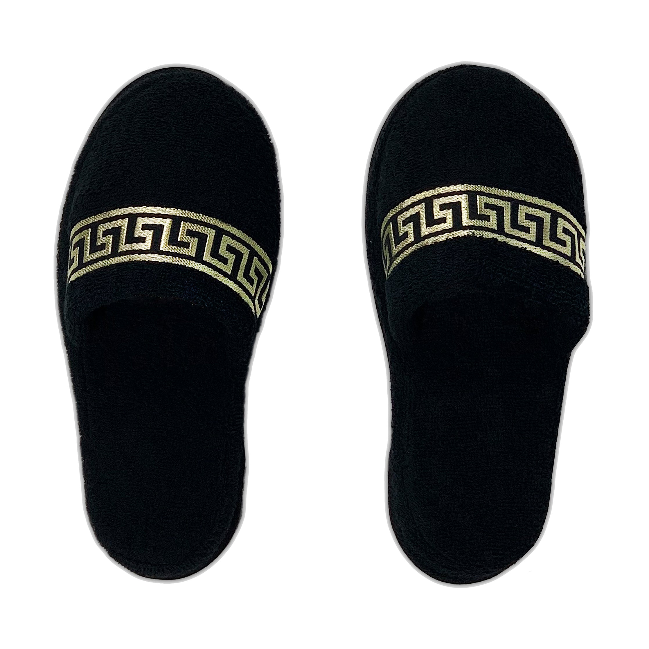 Exklusiver Hotelslipper schwarz gold Mäander Muster - Unisex - 100% Baumwolle