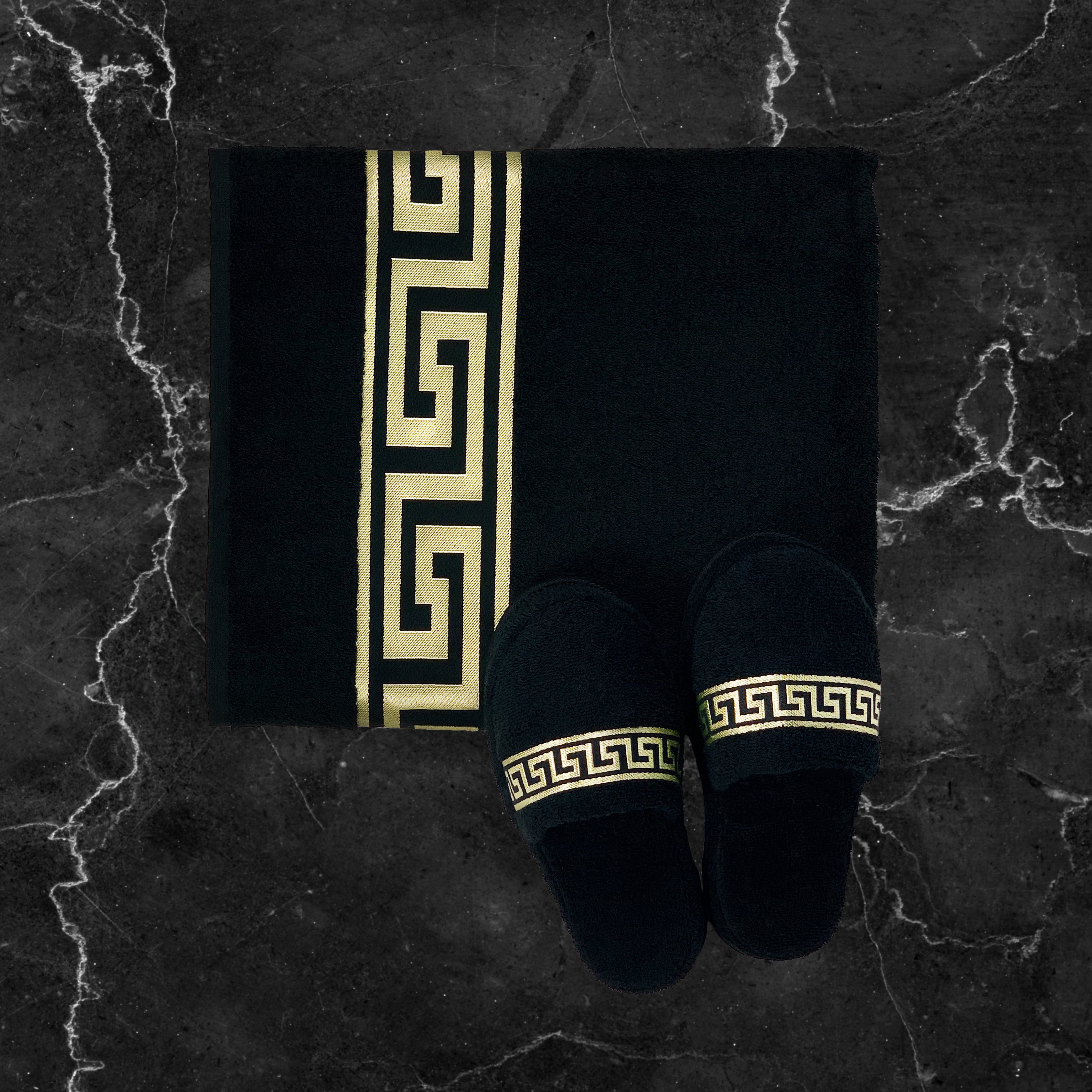 Exklusiver Hotelslipper schwarz gold Mäander Muster - Unisex - 100% Baumwolle