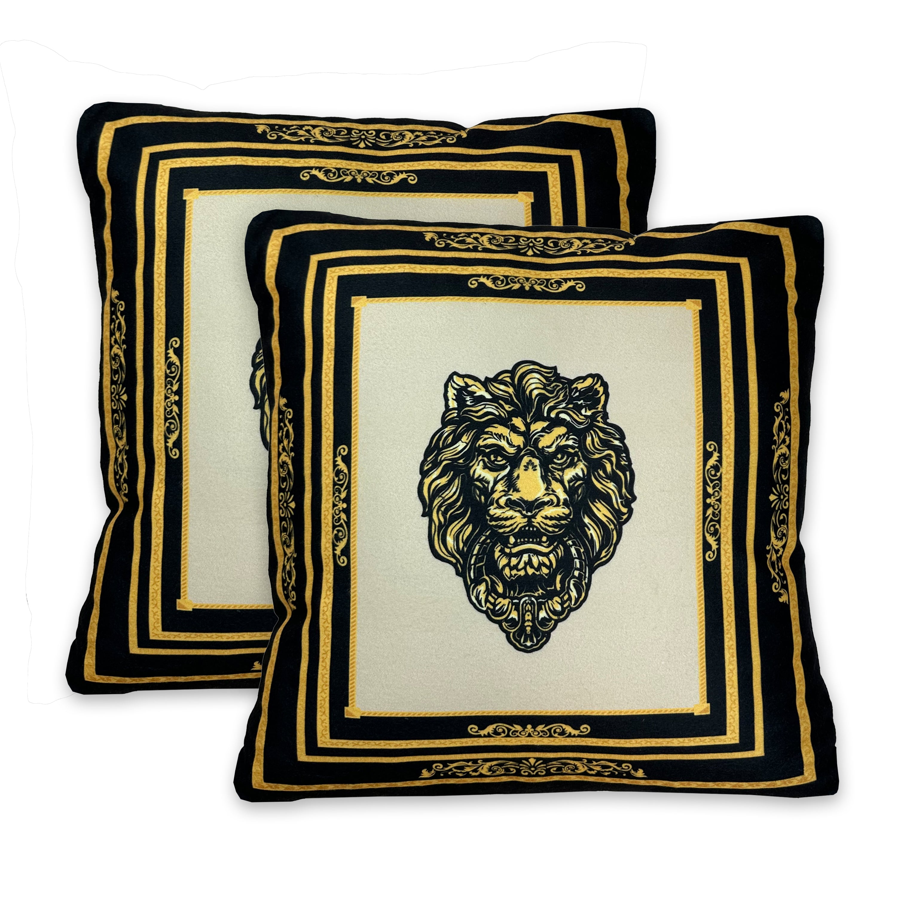3er SET Dekokisssen mit Sherpa Decke Löwen Motiv in Seidenoptik - schwarz gold mit Füllung