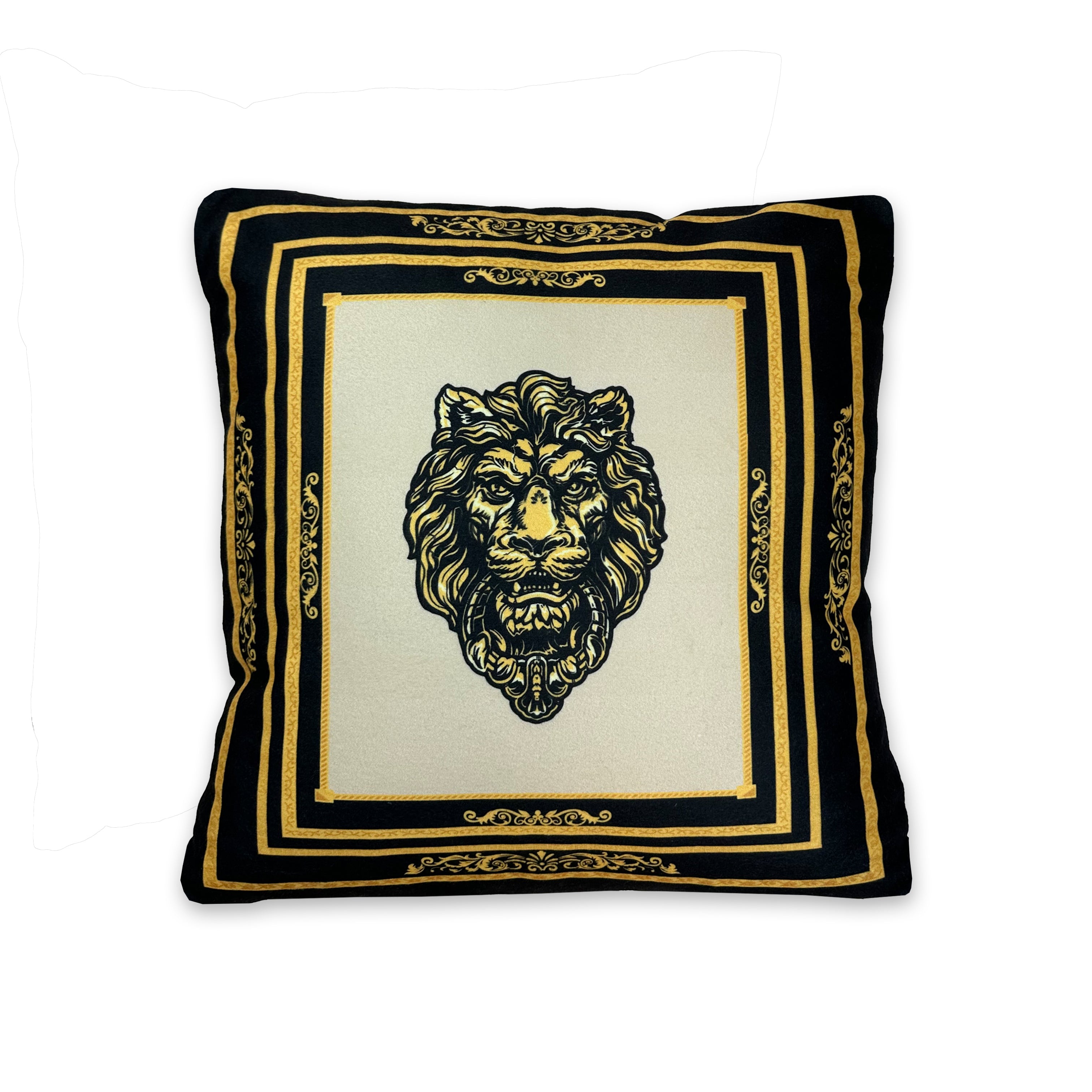 Decorative cushion with lion head in silk look - black gold with filling and cover